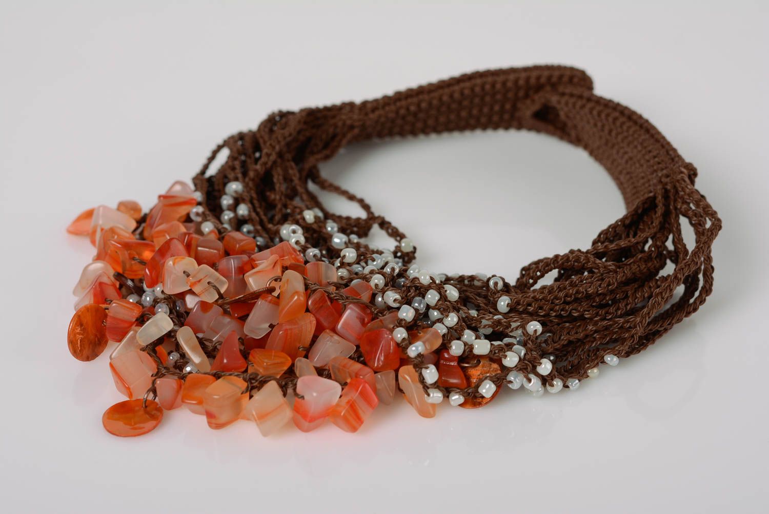 Brown and pink handmade designer massive crochet necklace with beads and coral photo 1