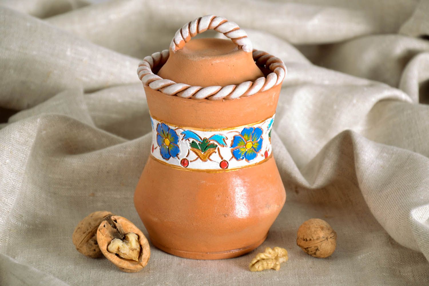 12 oz clay glazed jar with molded pattern and floral design in terracotta color 0,9 lb photo 1