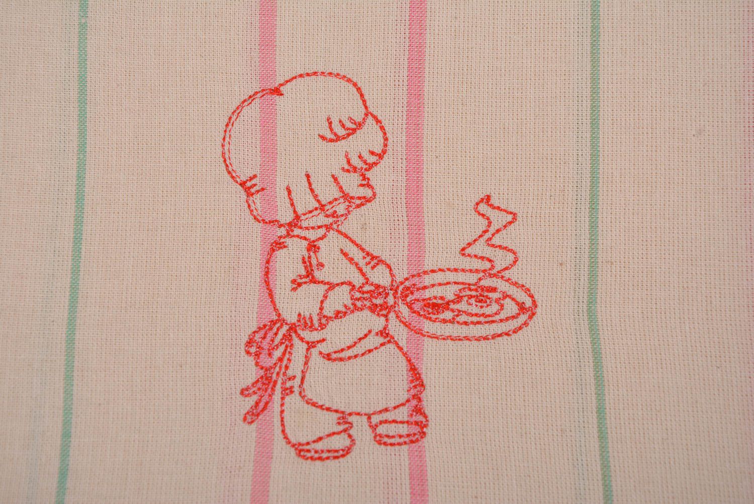 Torchon de cuisine beige rayé en tissu de mi-lin avec broderie fait main photo 2