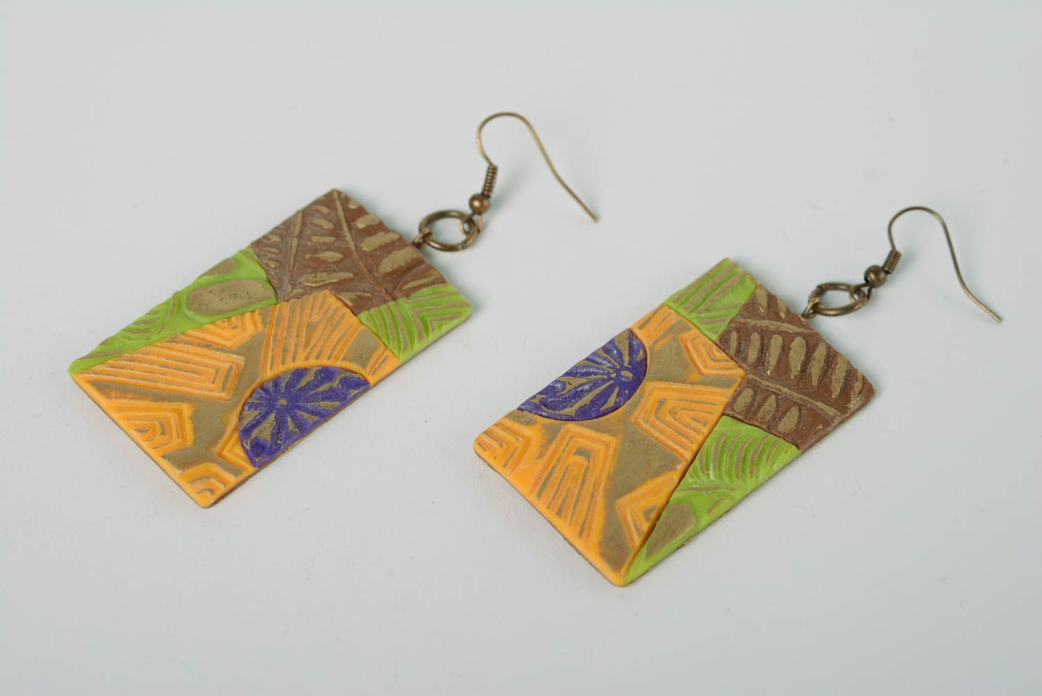 Handmade flat rectangular polymer clay dangling earrings painted with acrylics photo 1