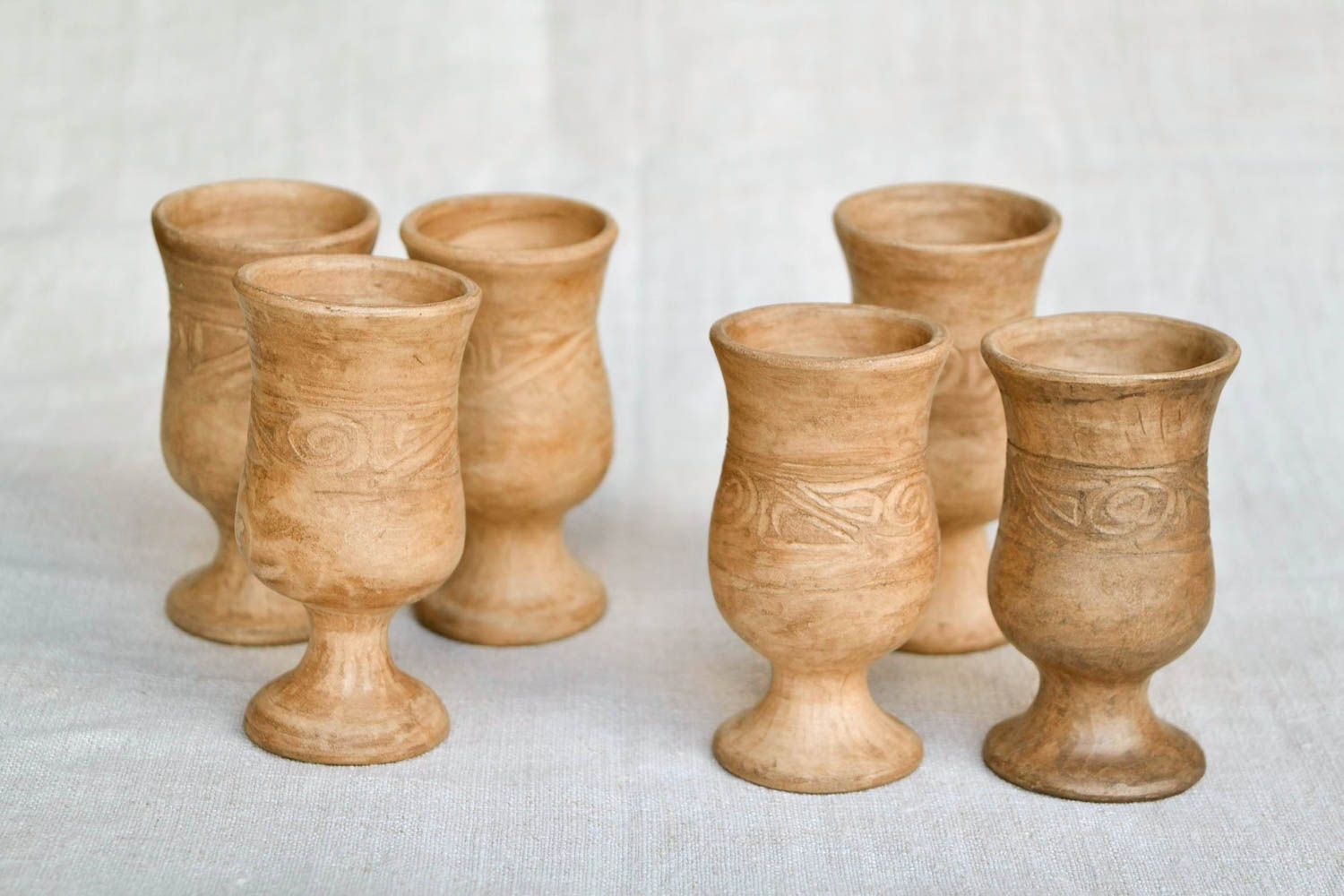 Set of 6 six wine drinking 2,5 oz goblets in Roman style and pattern made of white clay photo 5
