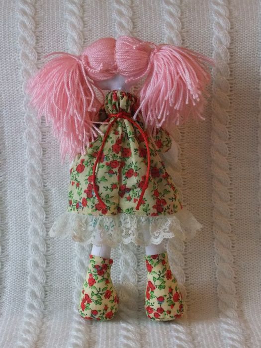 Homemade beautiful fabric designer doll with pink hair for interior decor photo 2