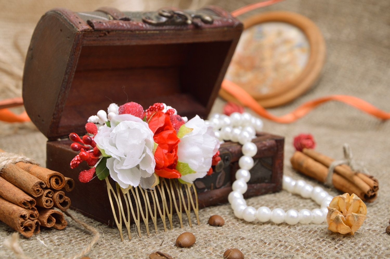 Handmade beautiful metal hair comb with red and white flowers and berries photo 1