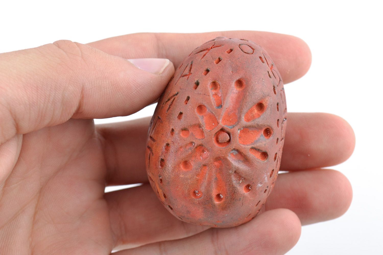 Handmade small decorative ornamented egg of brown color molded of red clay  photo 2