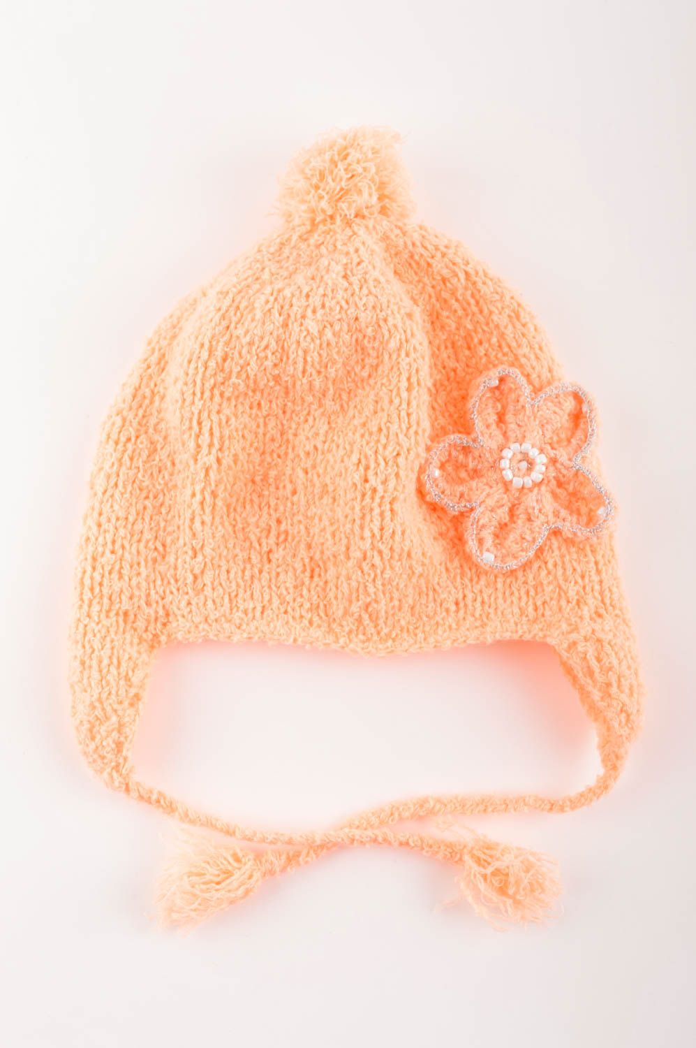 Шапка ручной работы зимняя шапка нарядная персиковая шапка для девочки фото 5