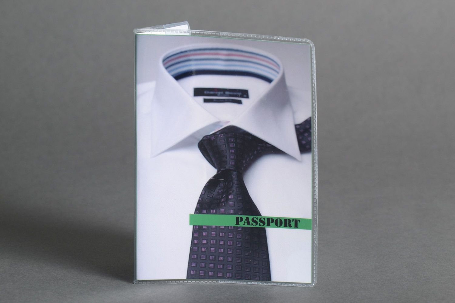 Handmade white plastic passport cover with image of collar and tie for men photo 1