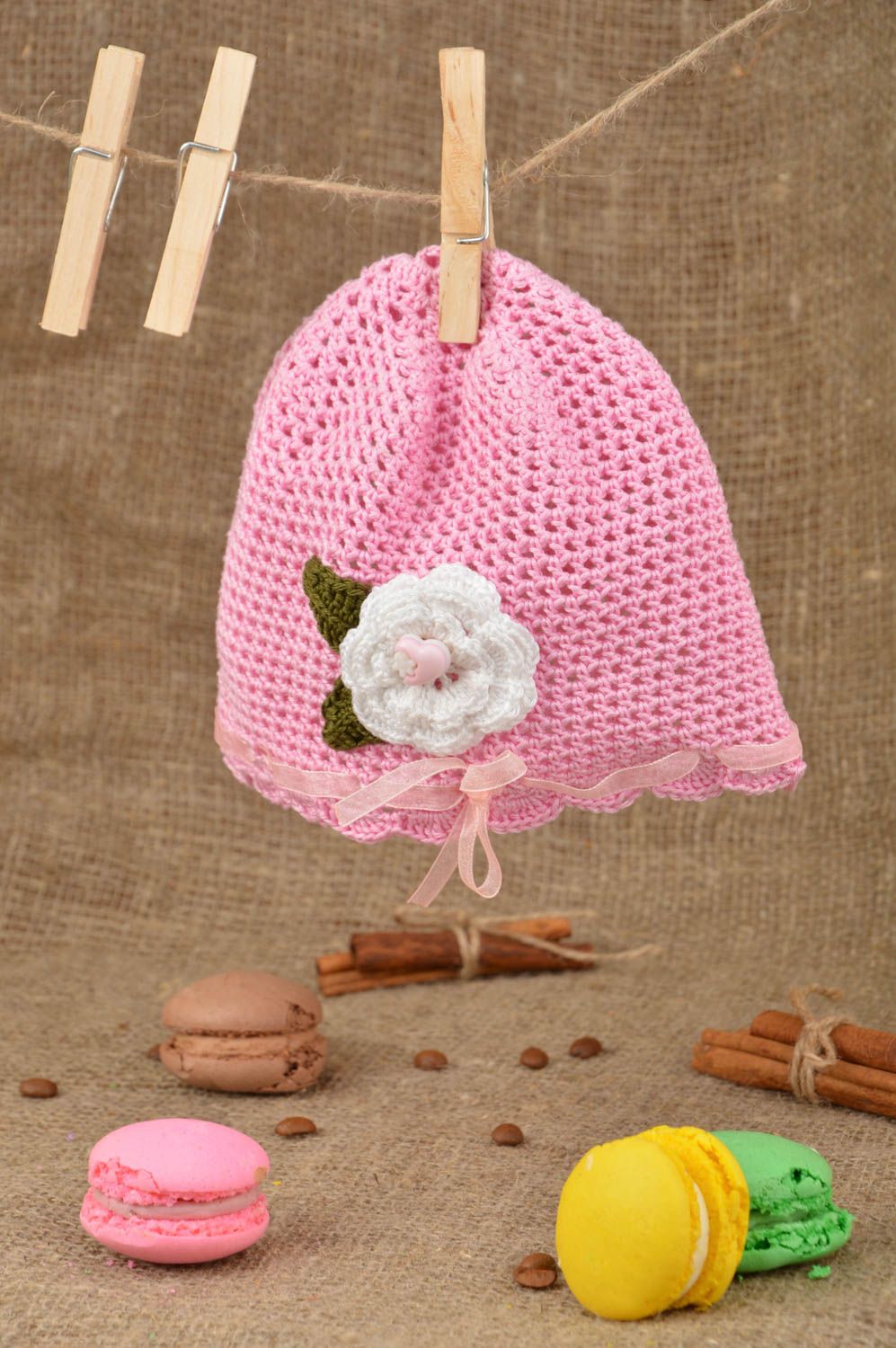 Woven cute handmade pink openwork beautiful summer bright cap with flower photo 1