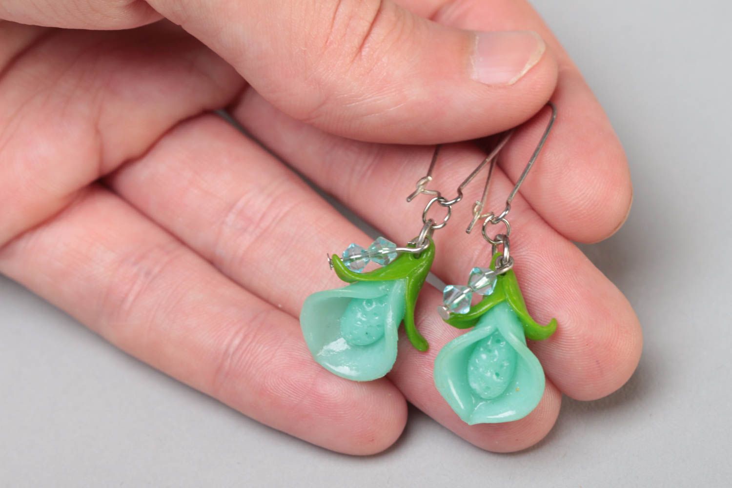 Handmade summer dangling earrings with polymer clay flowers of mint color shade photo 5