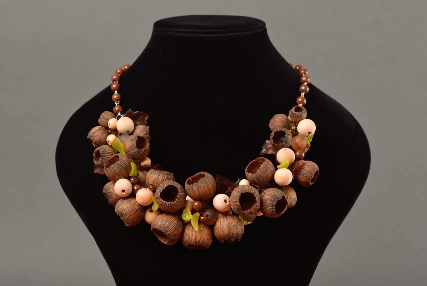 Handmade designer necklace with polymer clay and plastic beads in autumn colors photo 3