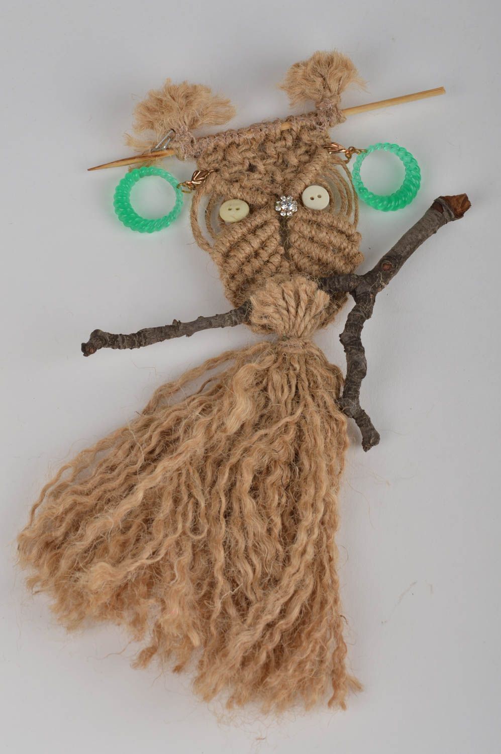 Hibou sur branche macramé fait main avec boucles d'oreilles décoration originale photo 3
