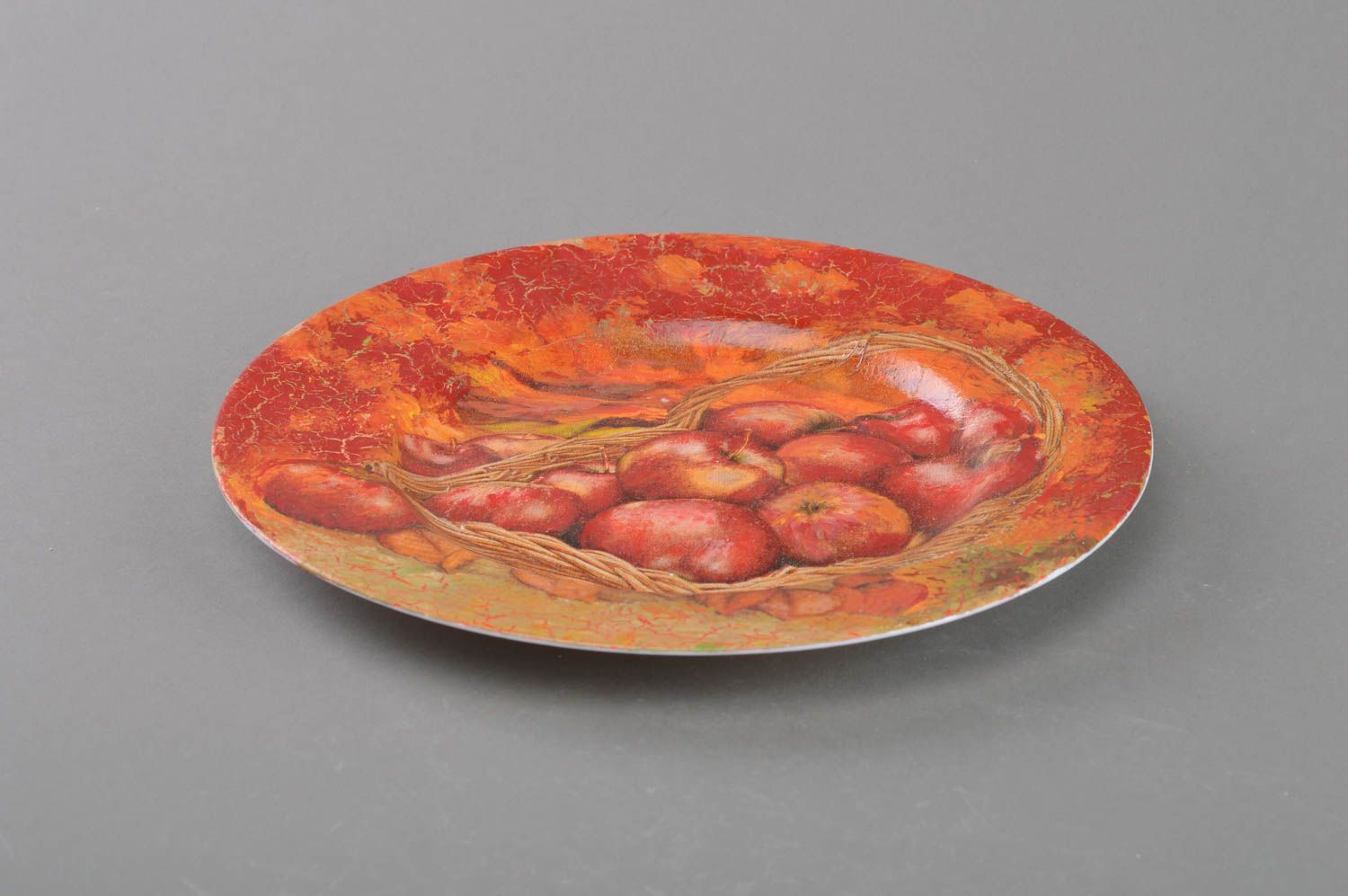 Decorative bright round glass decoupage plate handmade apples in basket photo 2