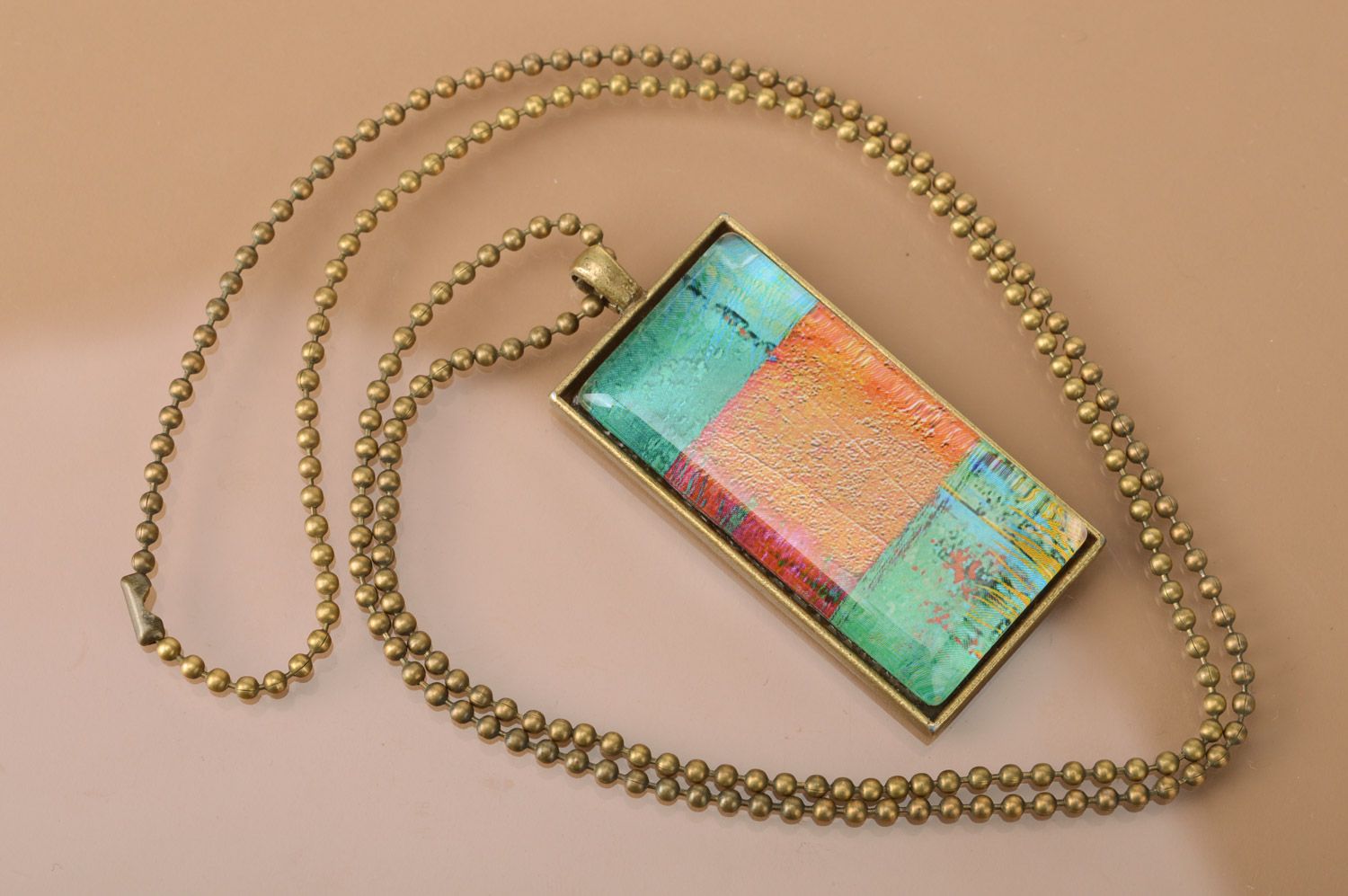 Handmade designer rectangular pendant on chain in blue and coral colors Picasso photo 2