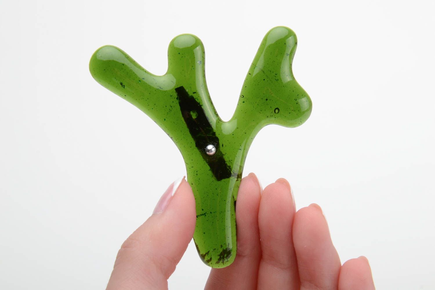Unusual green handmade fused glass brooch with pin photo 4