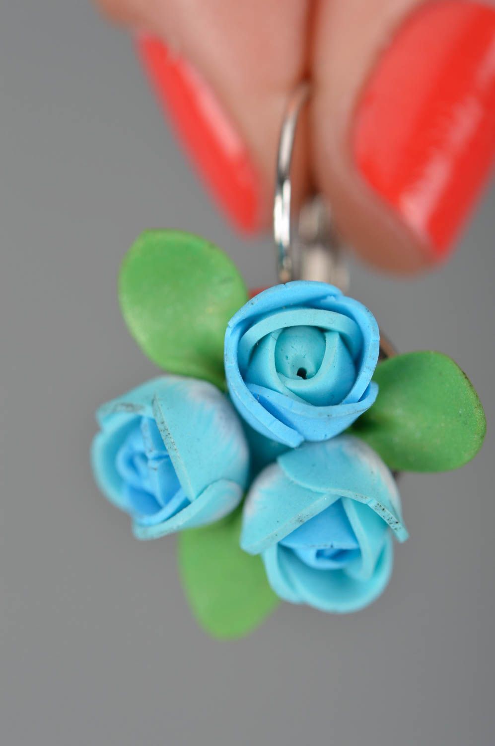 Handmade blue flower stylish earrings made of polymer clay with clasps  photo 3