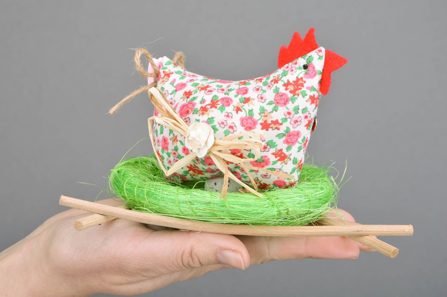Handmade designer toy in the form of hen in nest made of natural fabrics photo 3