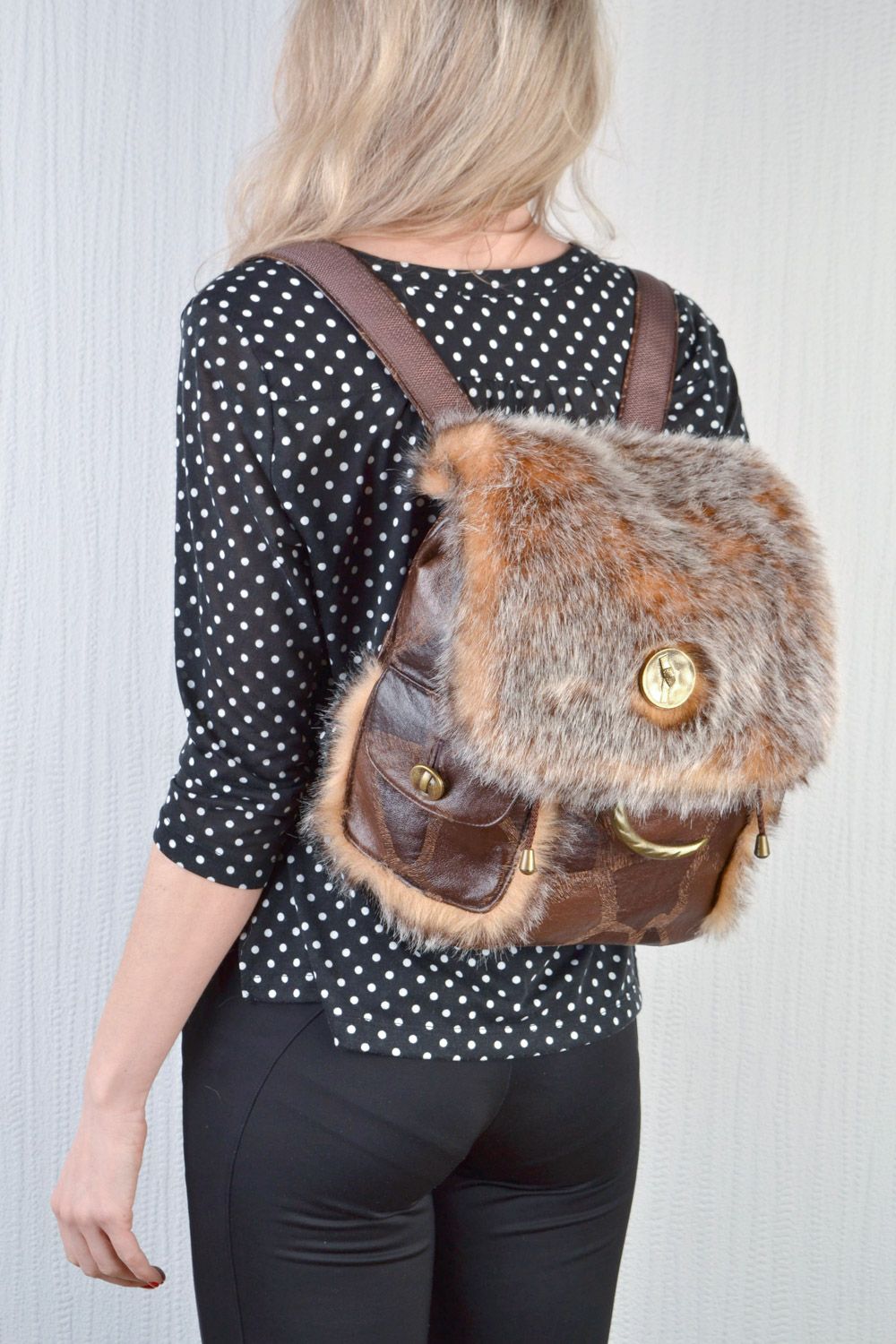 Handmade female backpack with artificial fur and brown leatherette photo 1