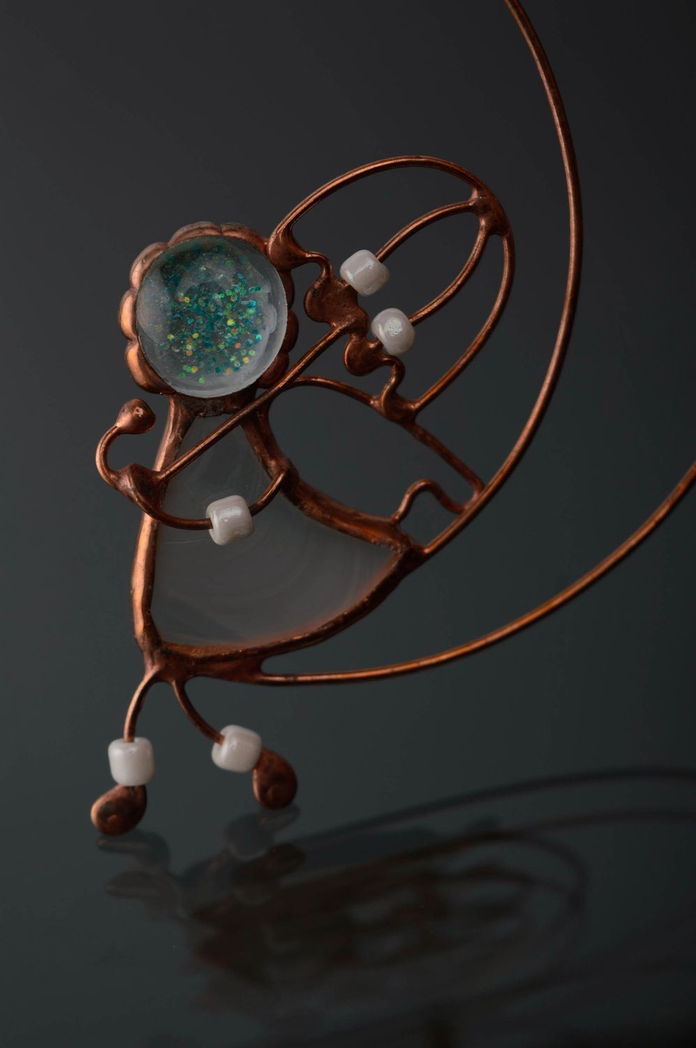 Stained glass interior pendant made of glass and copper wire Moon Angel photo 5