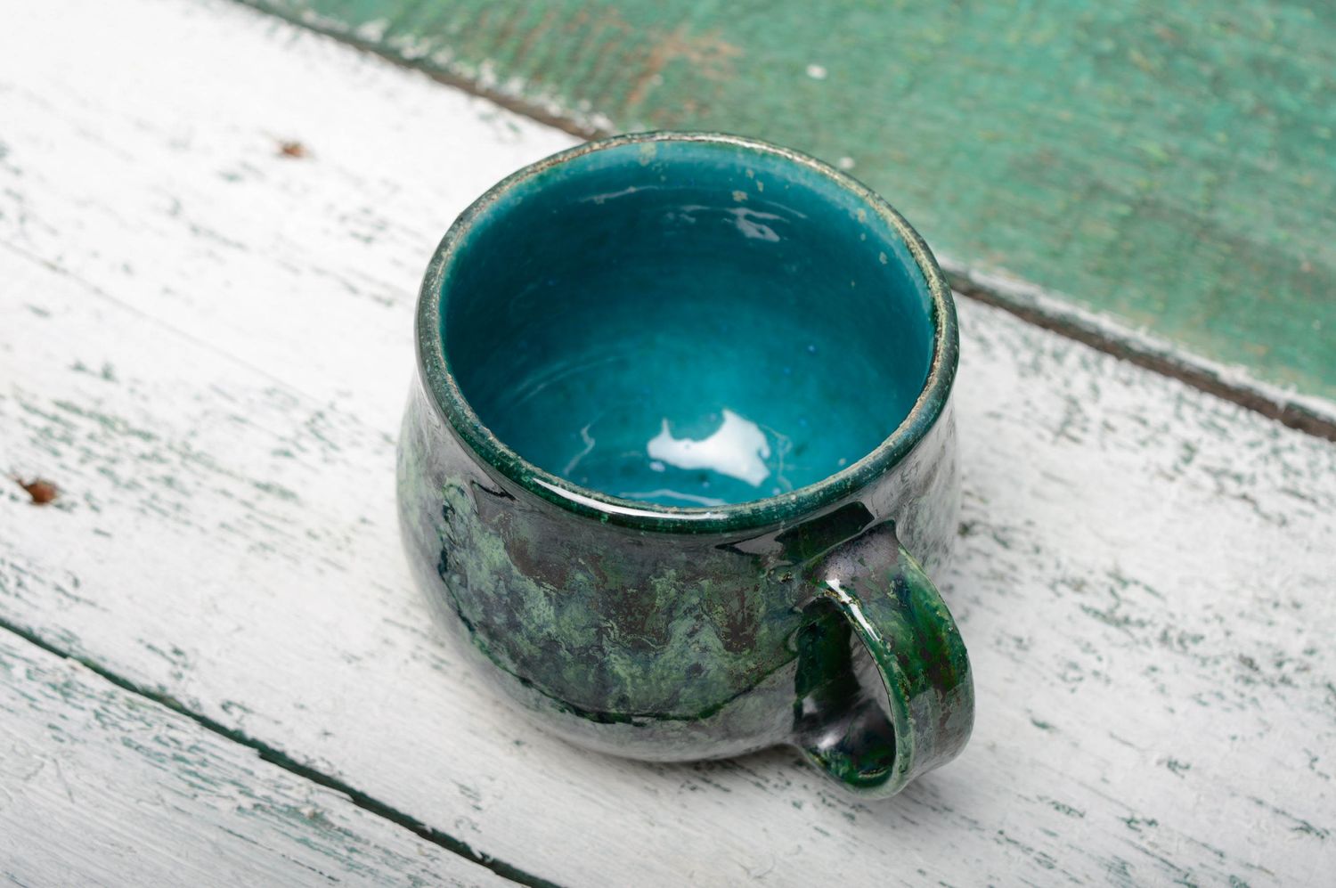 Malachite color 5 oz glazed coffee cup with handle  photo 1