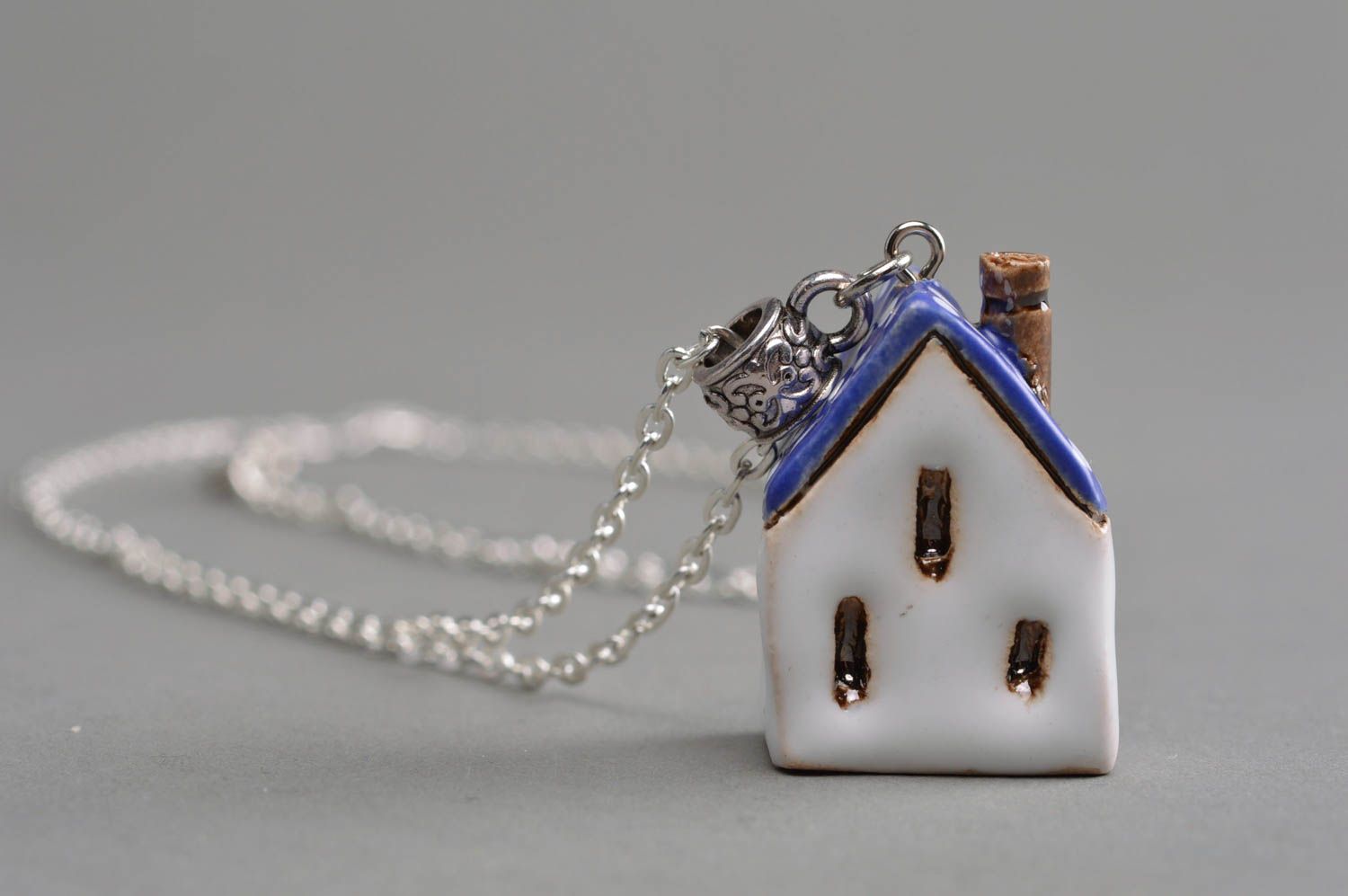 Unusual handmade designer painted ceramic neck pendant in the shape of house on long chain photo 3