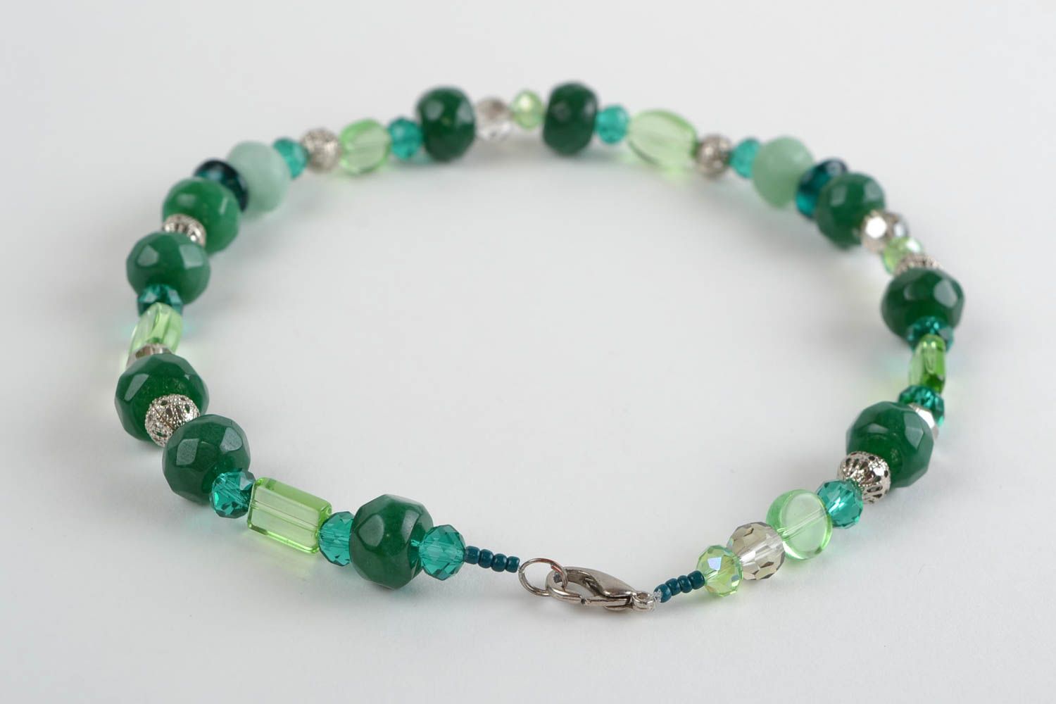 Unusual beautiful thin handmade glass bead necklace with natural stone green photo 4