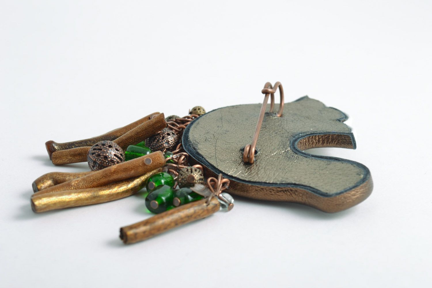 Leather handmade brooch in the form of a bird with natural stones large green accessory photo 5