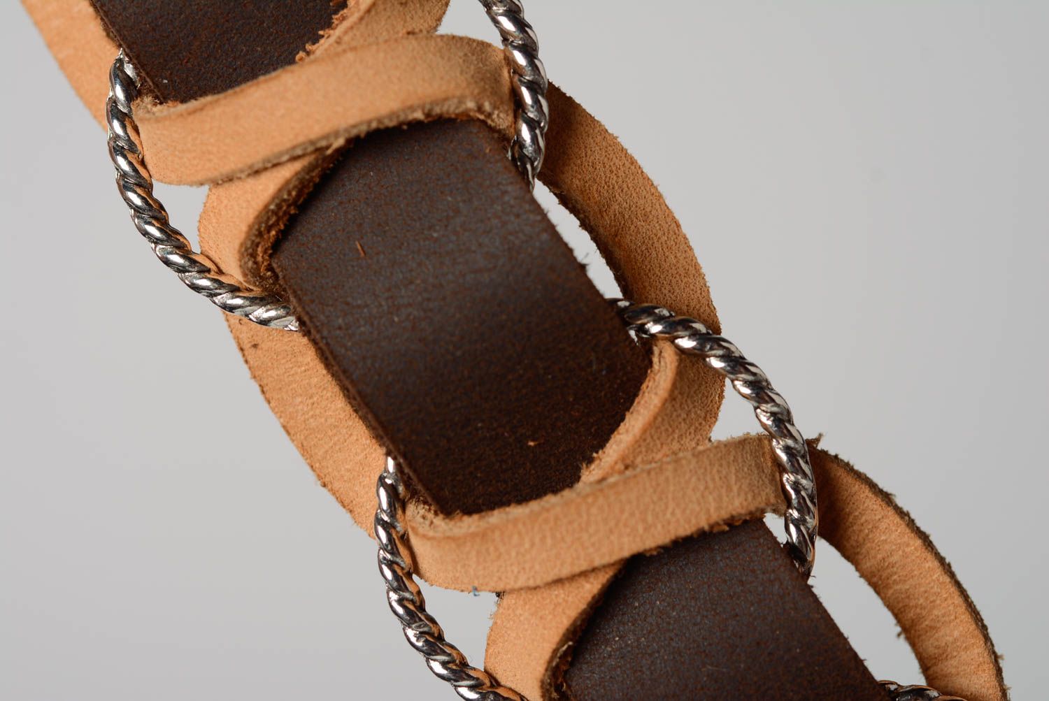 Unusual handmade designer brown genuine leather wrist bracelet photo 2