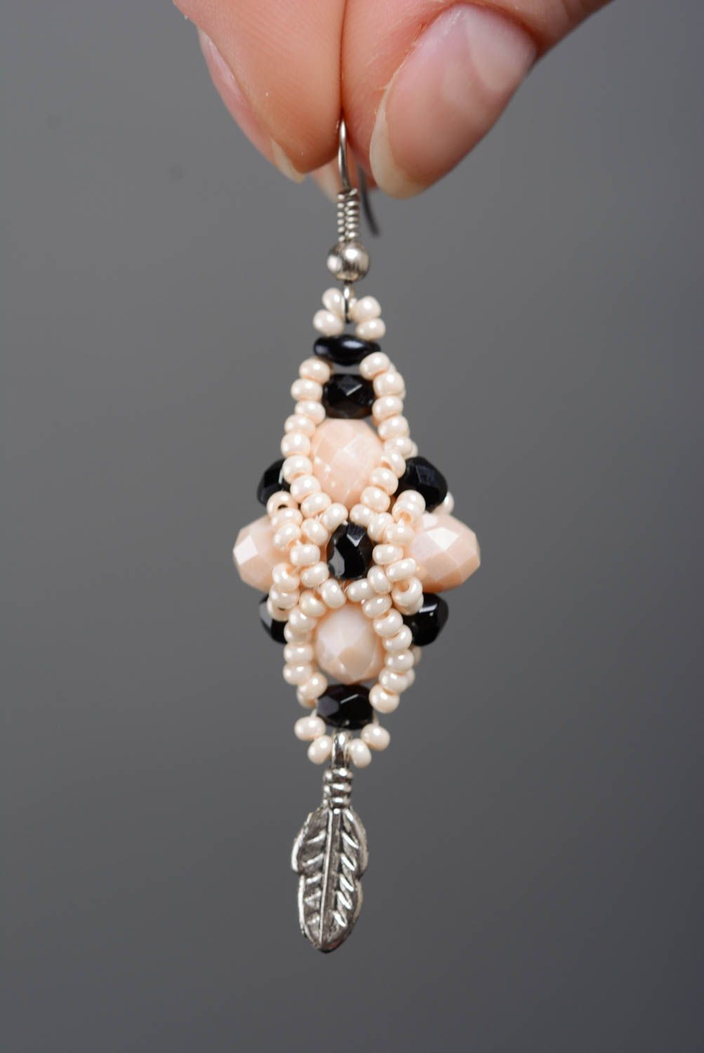 Pink and black handmade designer long earrings woven of Czech and crystal beads photo 3