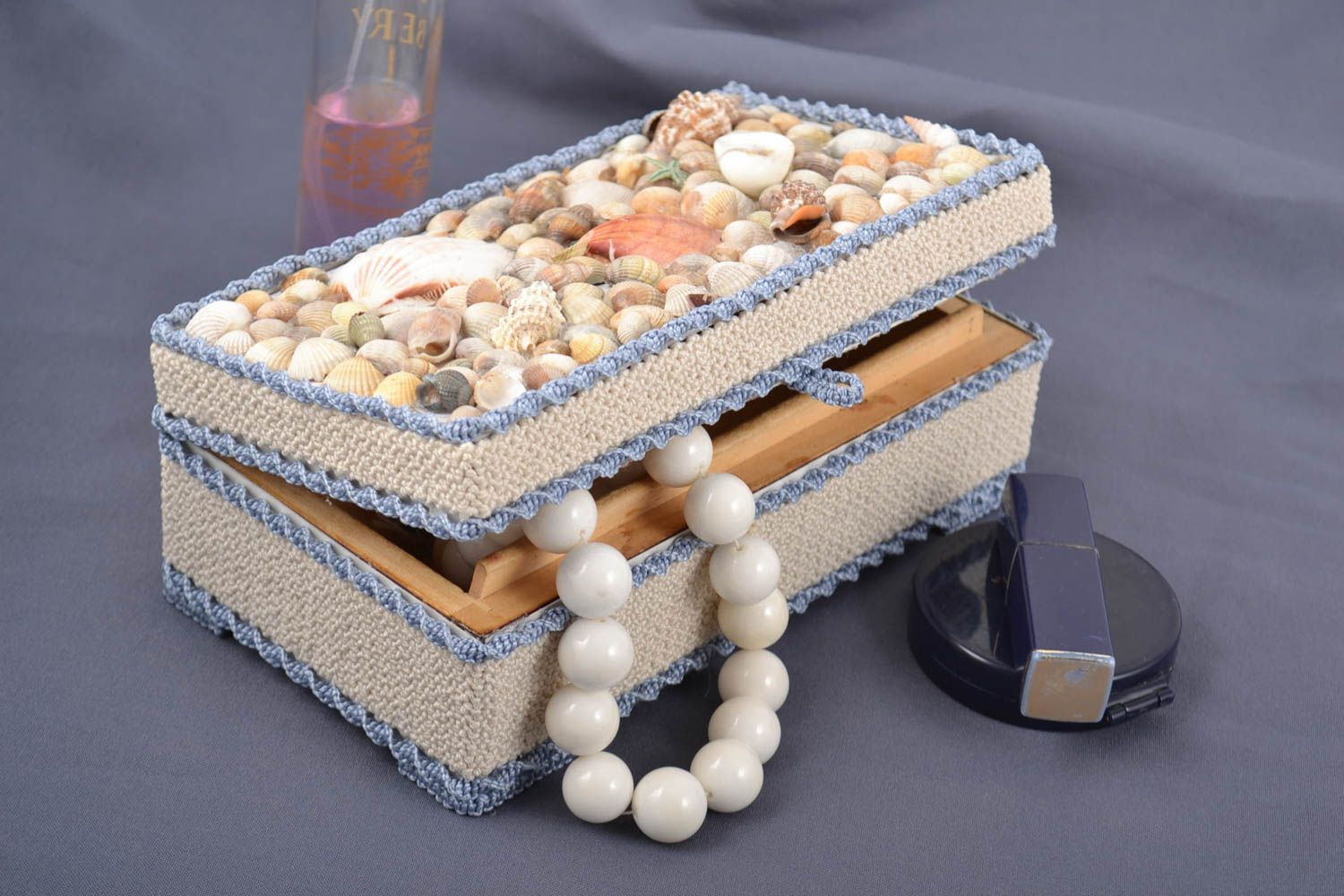 Macrame rectangular jewelry box with shells on the cover handmade decor ideas photo 1