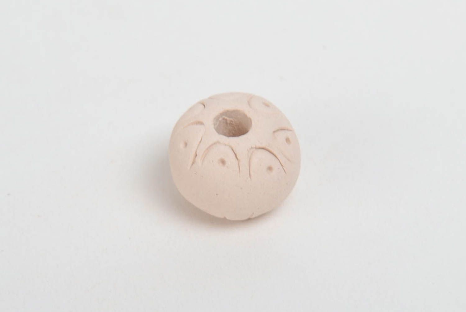 Unusual handmade round white clay bead with pattern  photo 2
