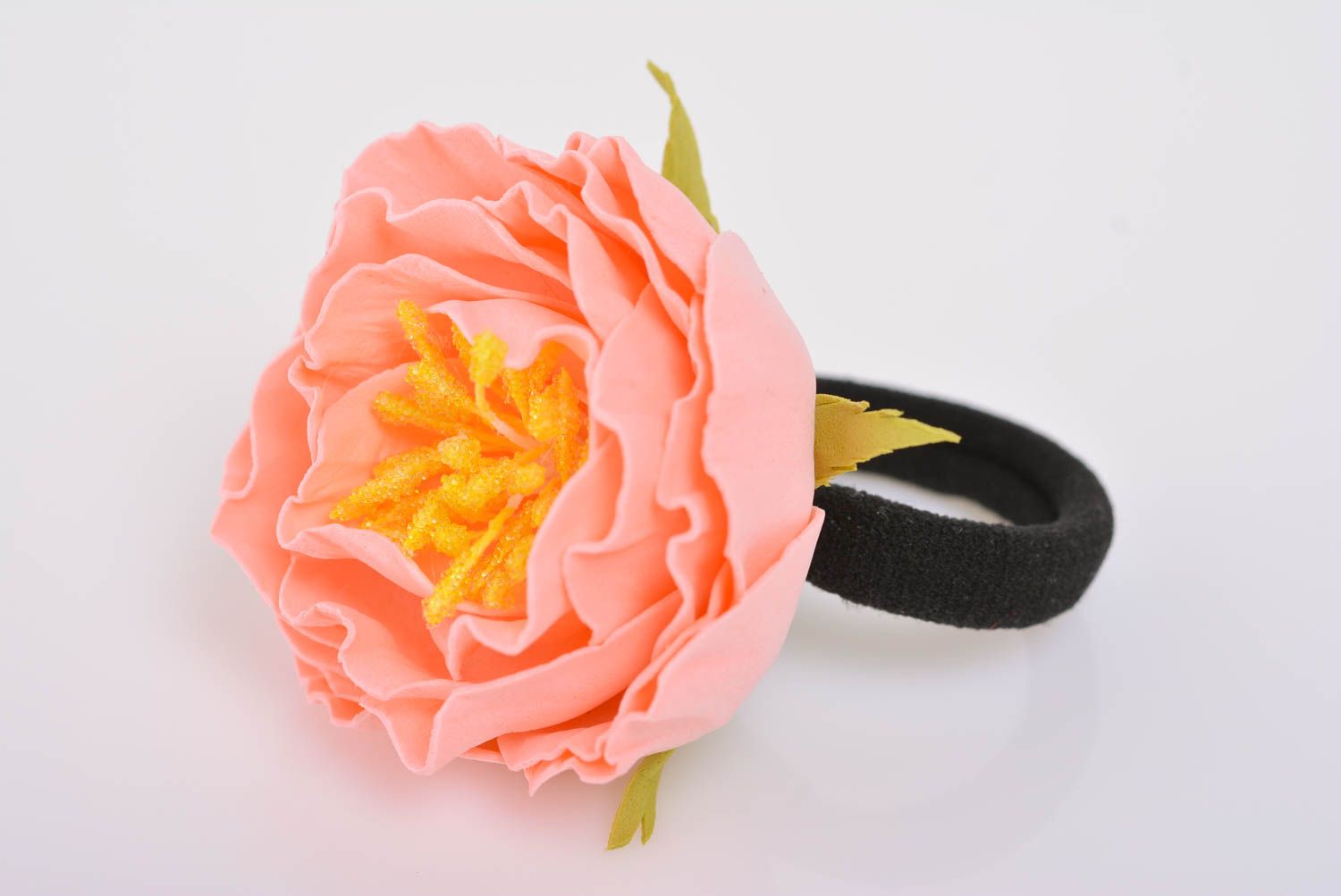 Handmade decorative hair band with volume foamiran flower of peach color photo 4