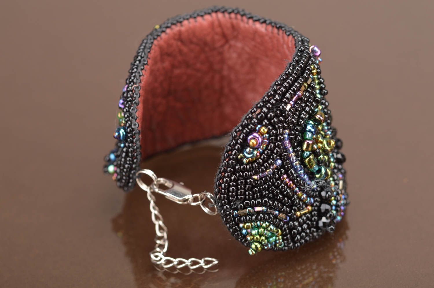 Wide beaded bracelet handmade black stylish designer for girls evening jewelry photo 5