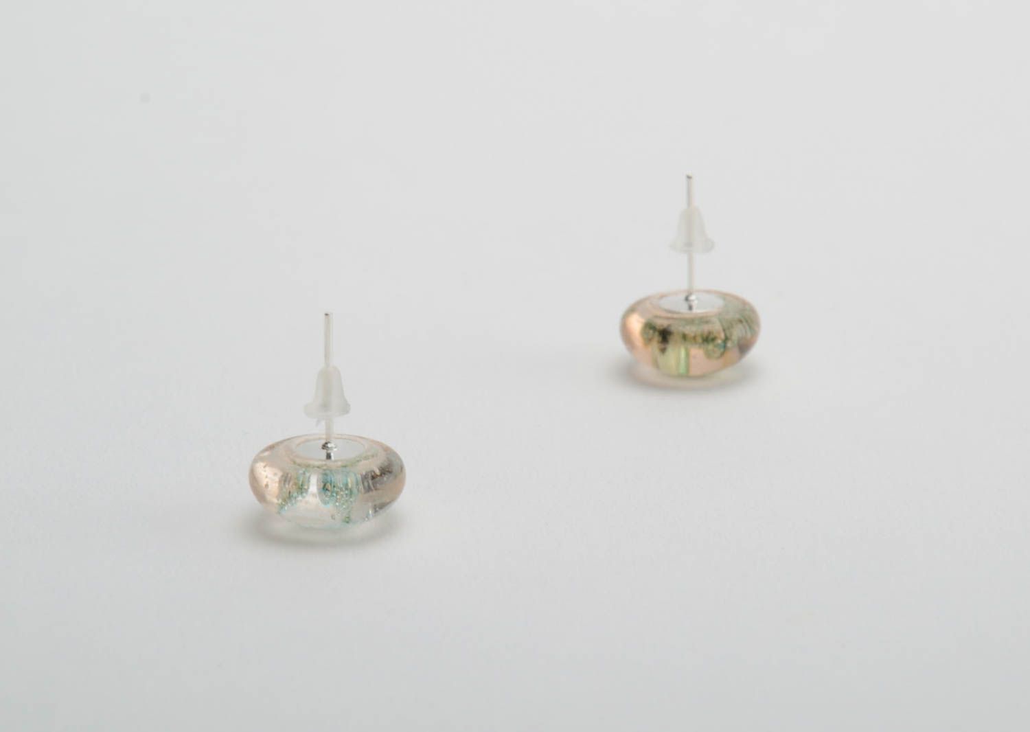 Gentle small handmade round fused glass stud earrings designer women's jewelry photo 4