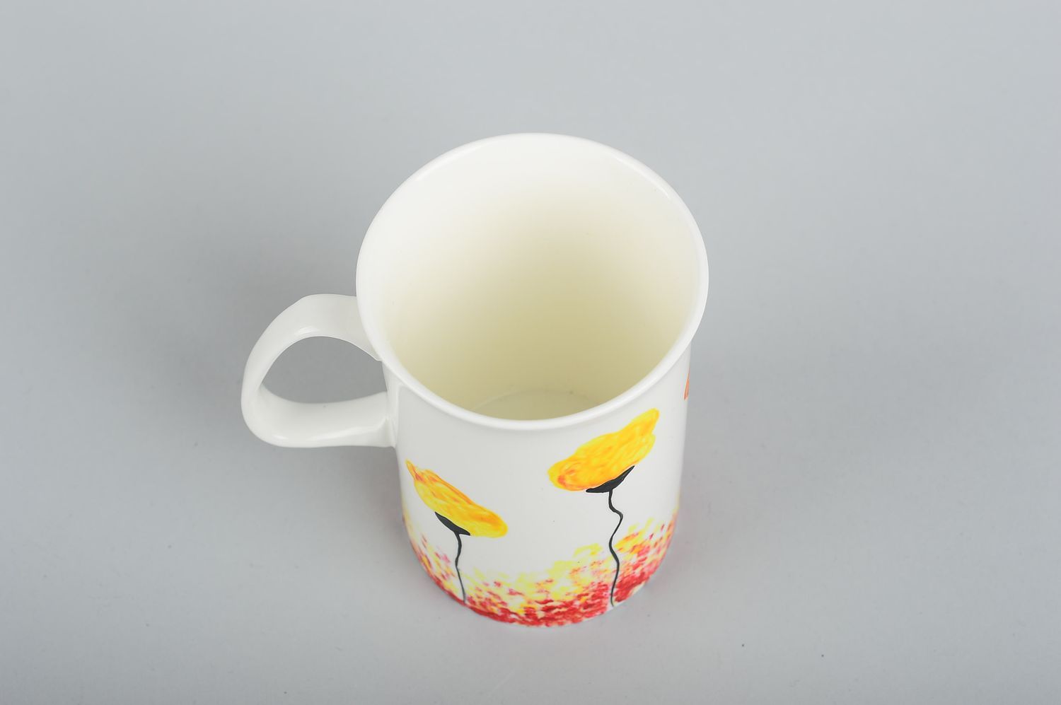 Tall white ceramic teacup with yellow flowers hand painting great gift for a girl 0,54 lb photo 4