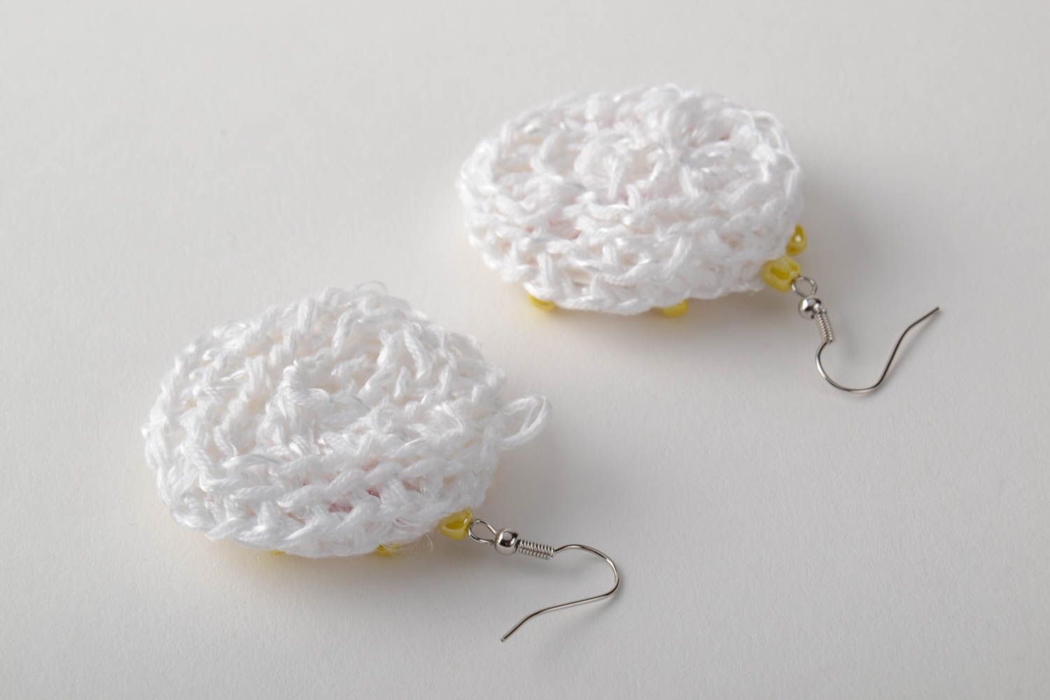 Beautiful handmade white round crochet earrings with beads designer jewelry photo 3