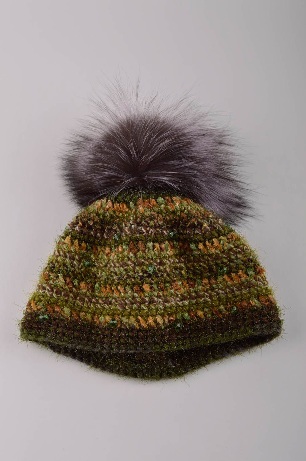 Зимняя шапка ручной работы шапка с мехом лисицы красивая вязаная шапка фото 5