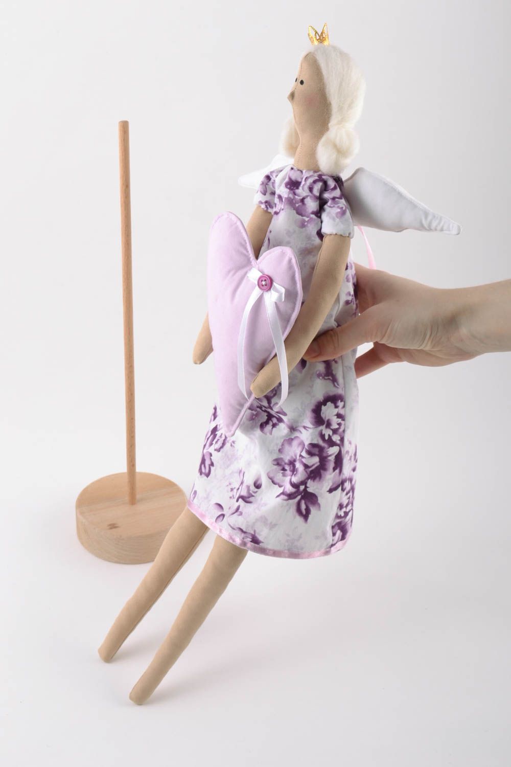 Handmade linen fabric soft doll fairy in violet color shades with wooden stand  photo 2