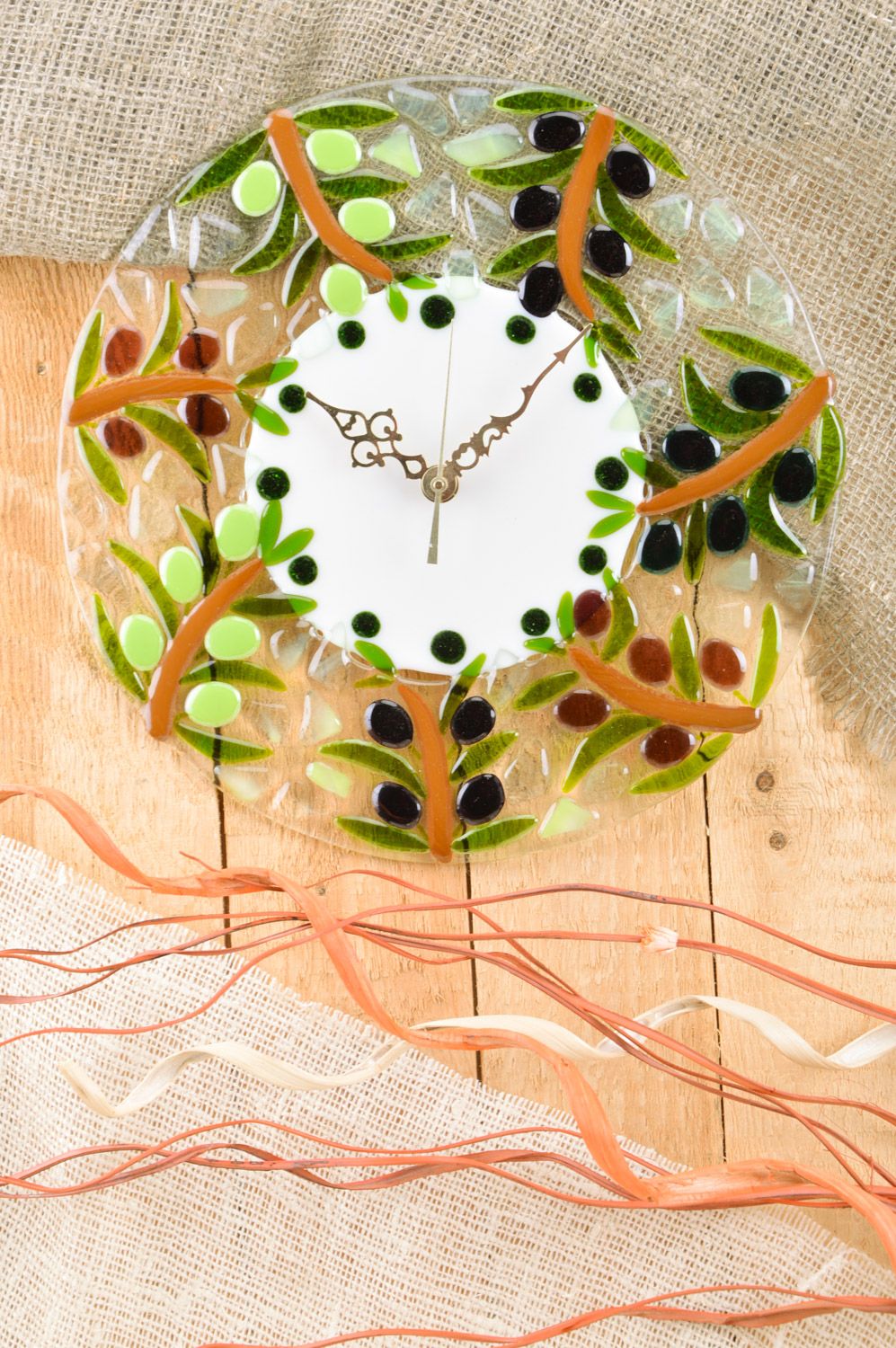Handmade designer round transparent fusing glass wall clock with green pattern photo 1