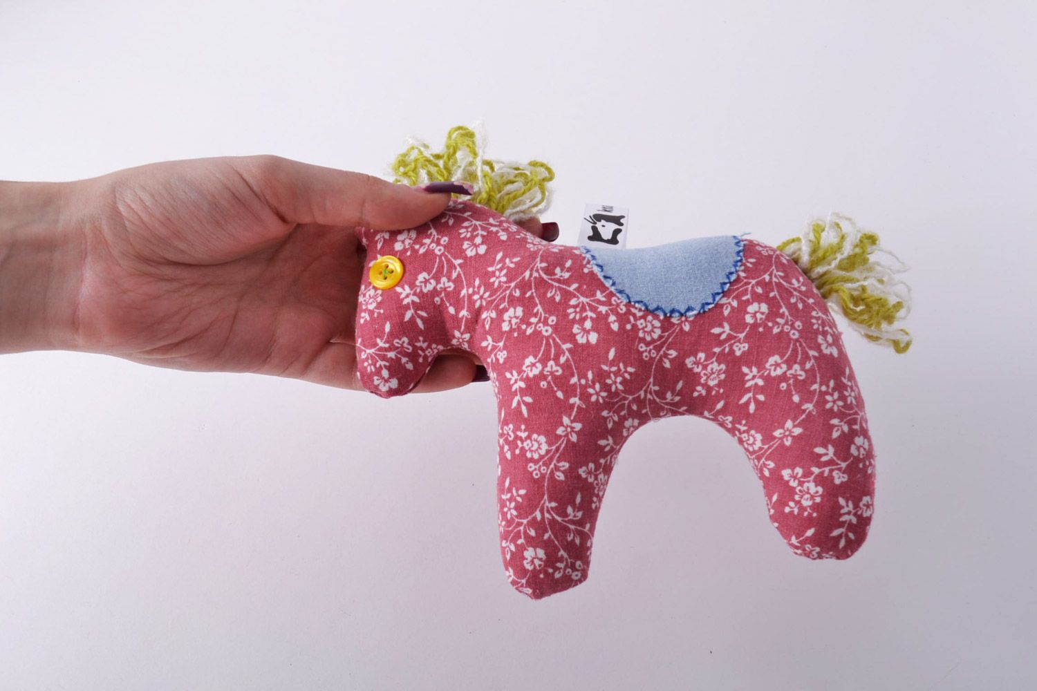Handmade small soft toy sewn of bright pink patterned fabric horse for baby girl photo 5