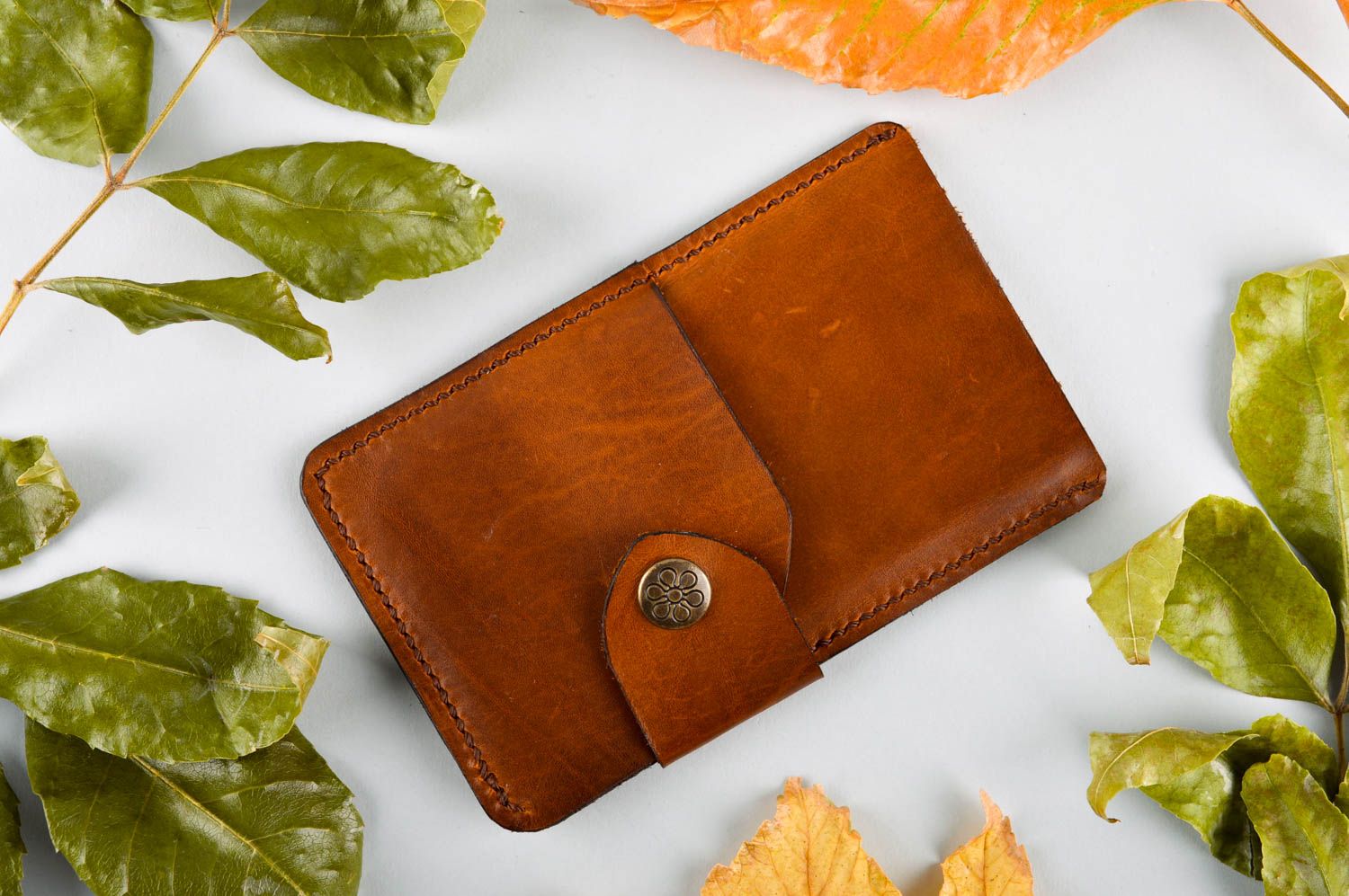 Handmade leather wallet brown case for cell phone designer present for men photo 1