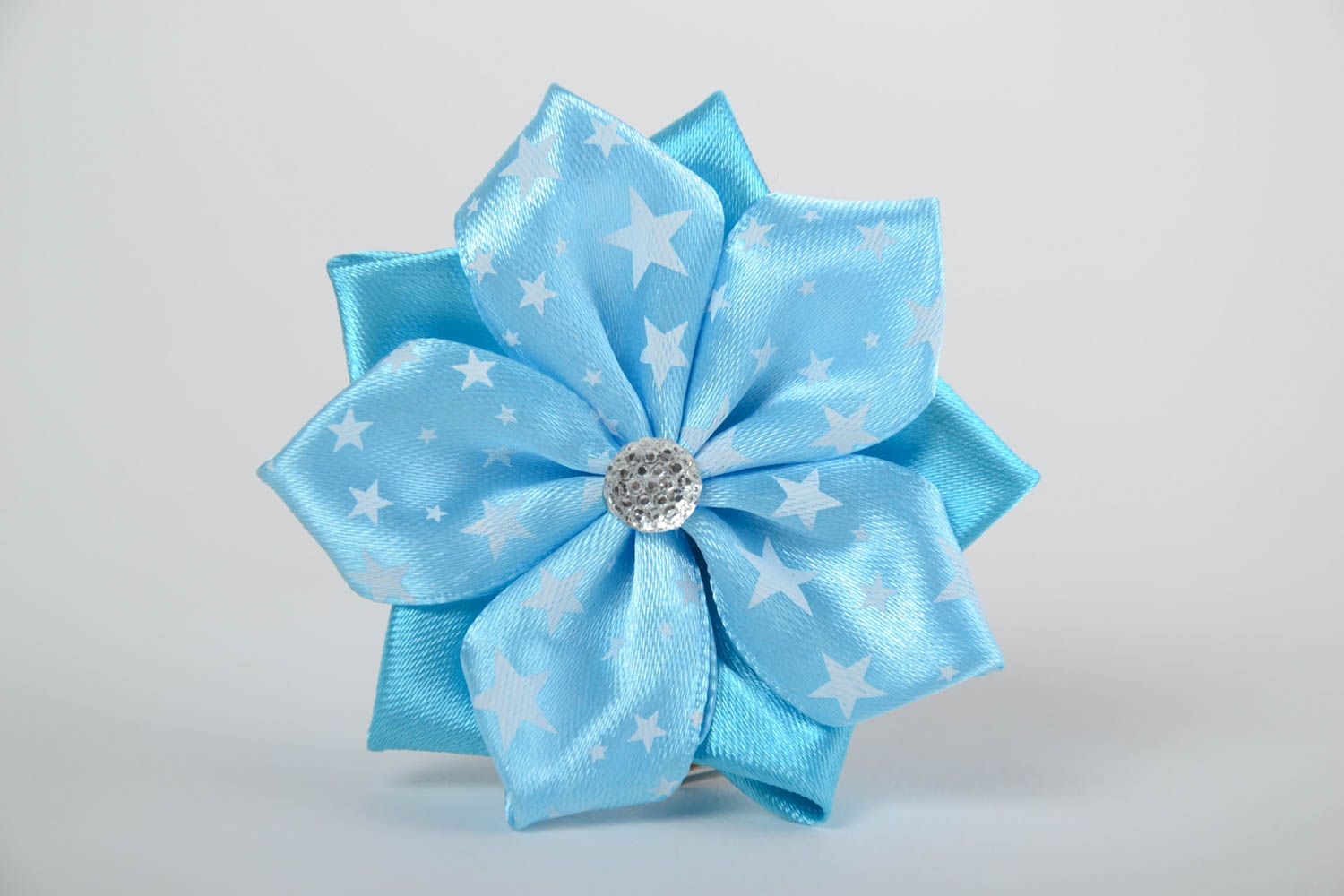 Handmade blue puffy hair clip with a flower of satin ribbons  for kids photo 2