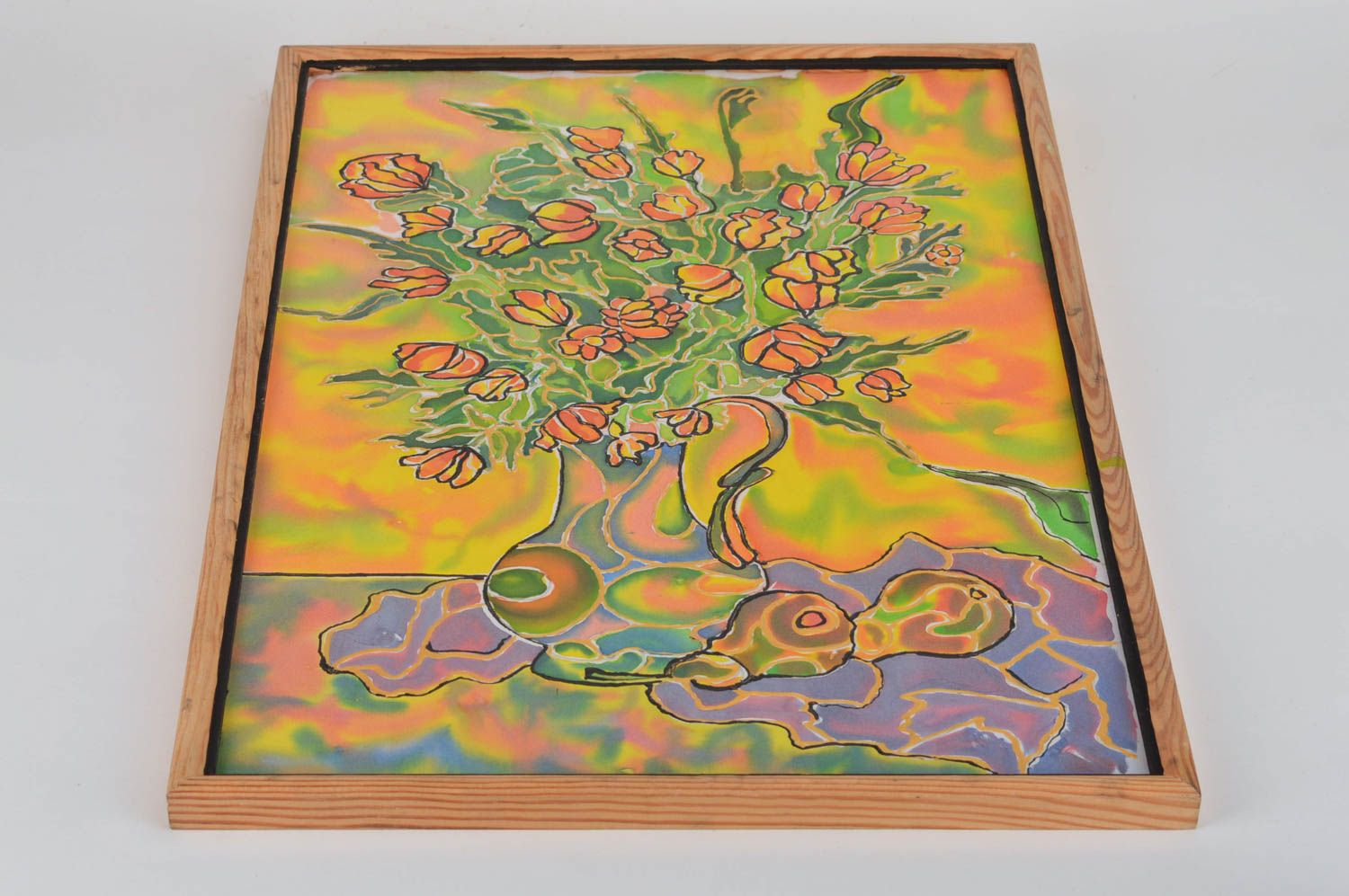 Картина в технике холодный батик тканевая ручной работы Кувшин с цветами фото 1