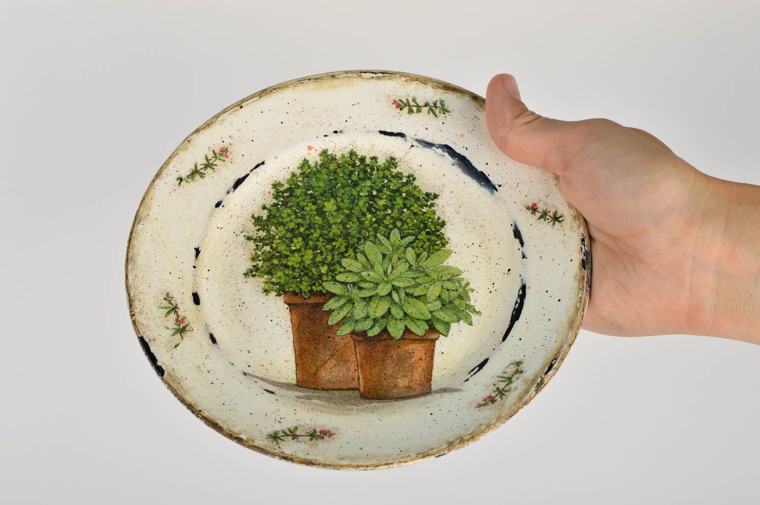 Handmade ceramic plate clay dishware painted plate decoupage plate greenery photo 2