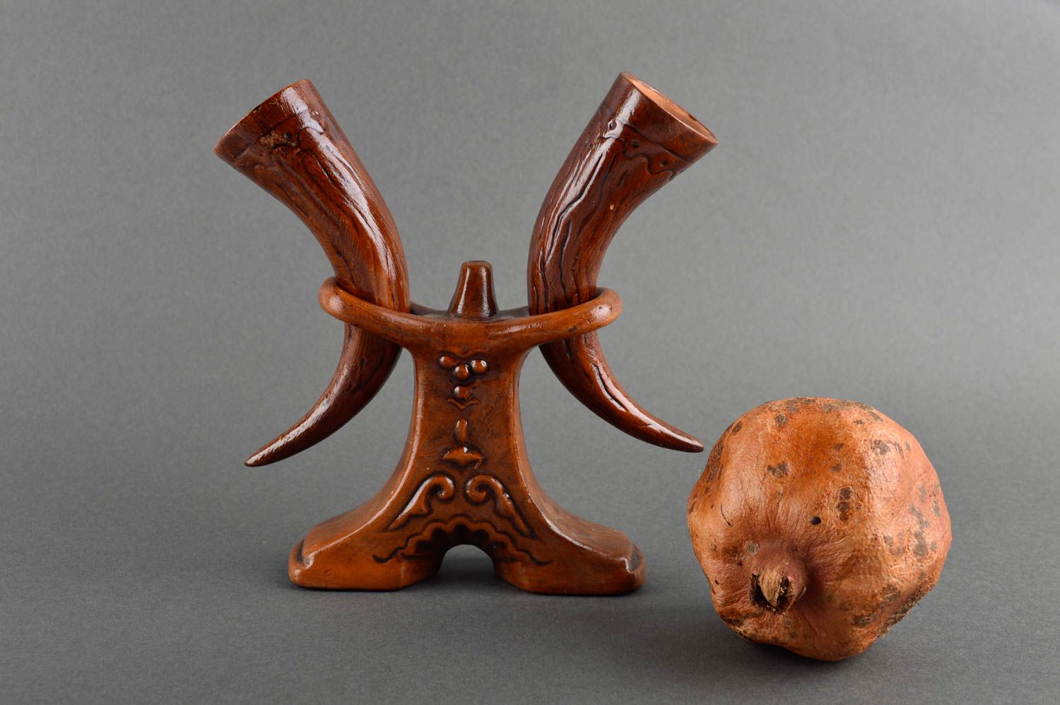 Handmade set of 2 clay drinking horns ceramic festive tableware designer present photo 1