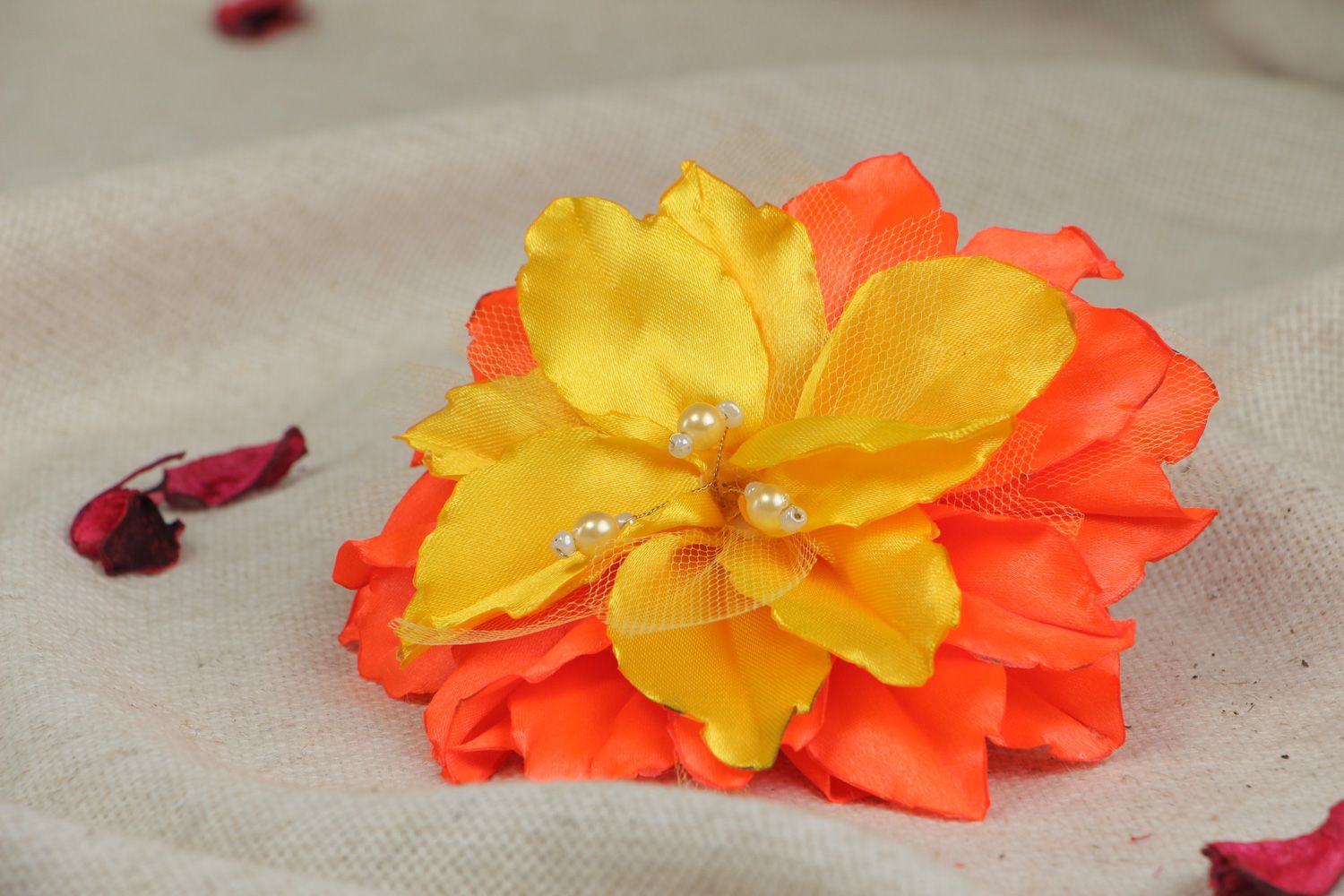 Handmade hair clip with volume yellow and orange lily flower made of satin fabric photo 5