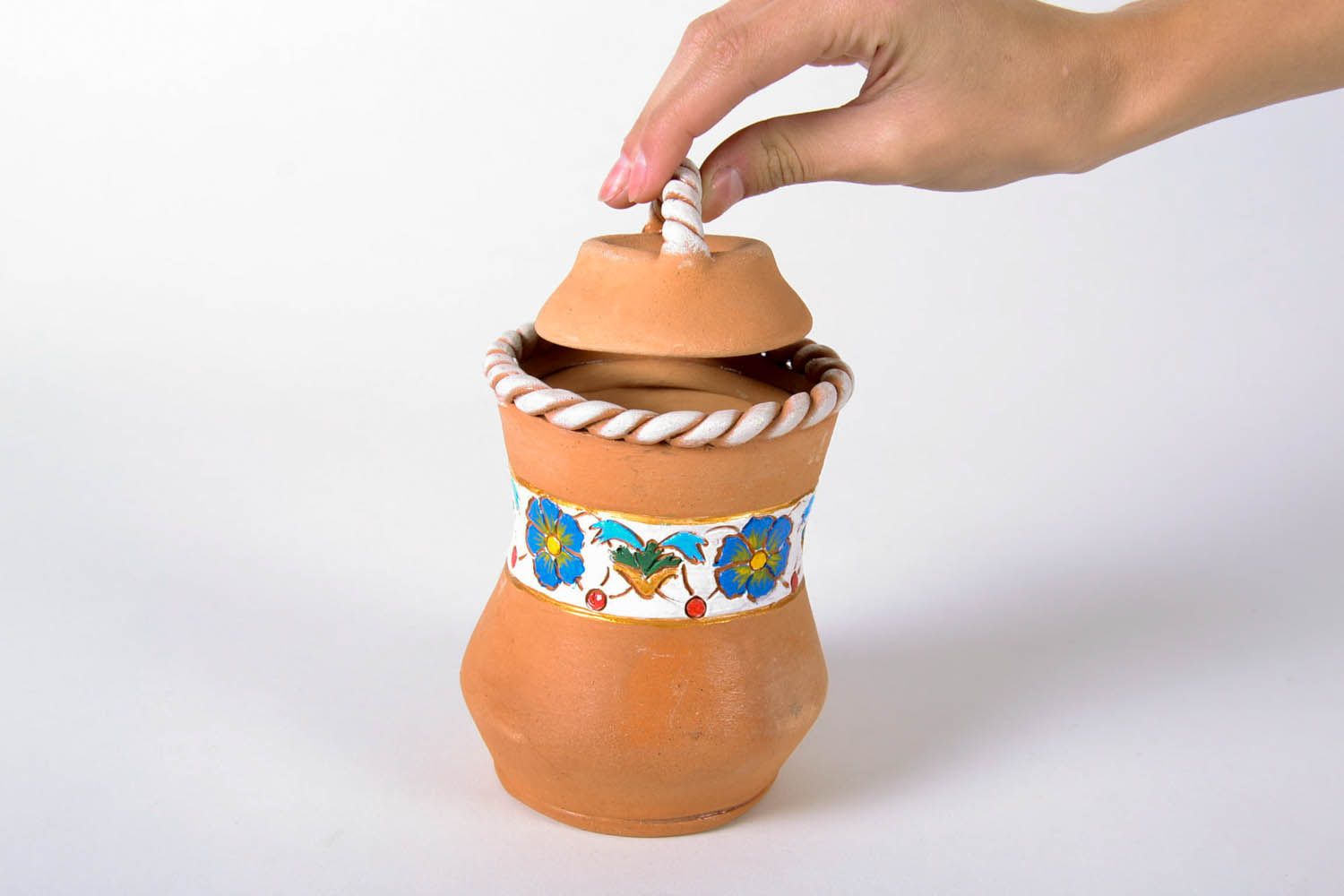 Pote de argila feito à mão com tampa louça de cerâmica decorativa artesanal foto 5