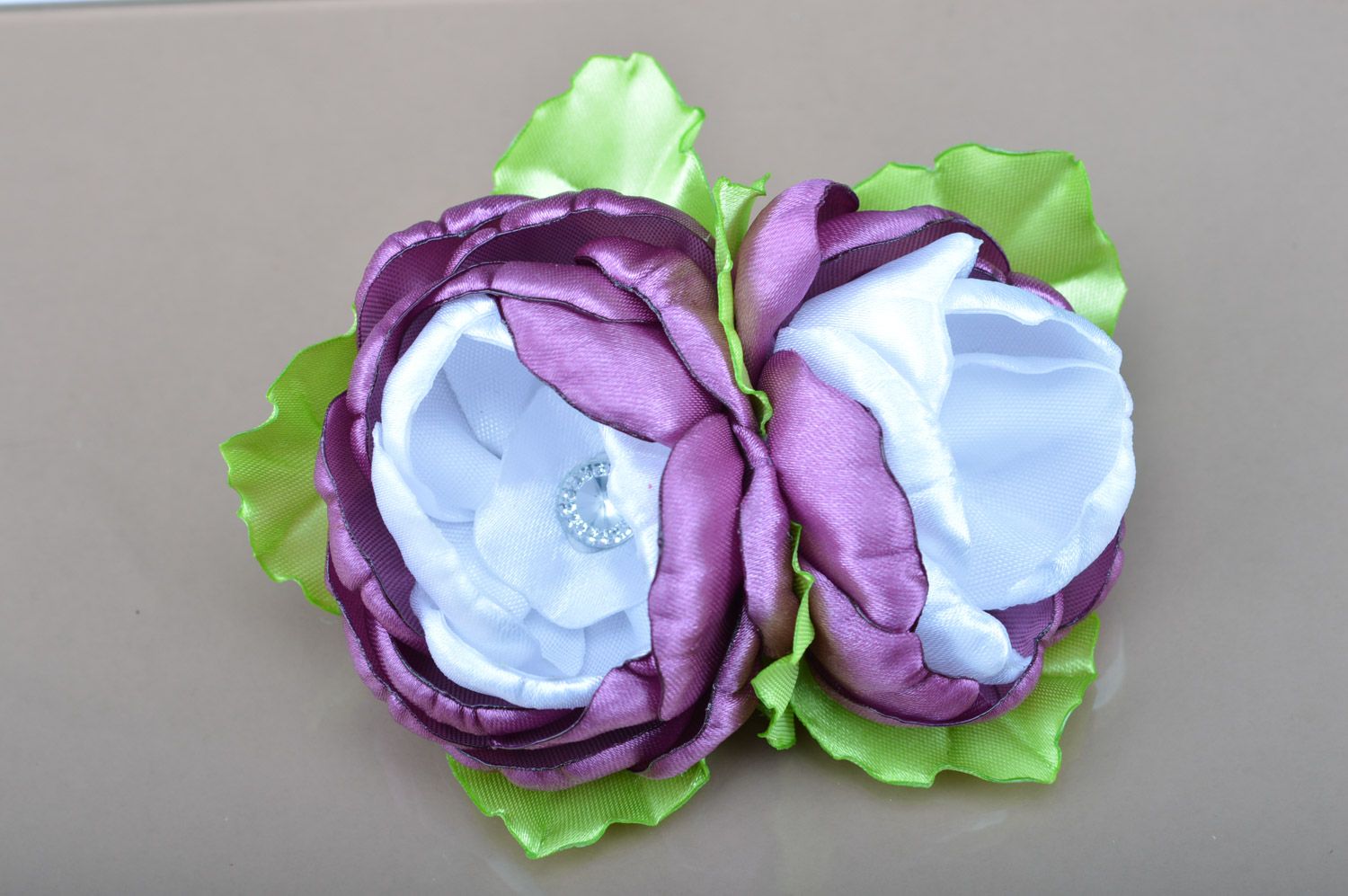 Handmade hair clip with beautiful fabric flowers of violet color for ladies photo 3