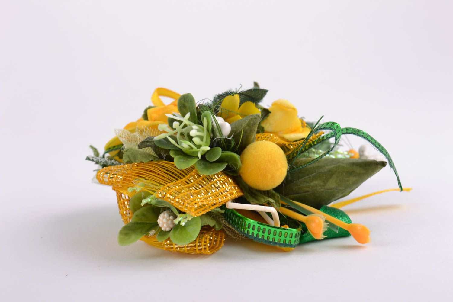 Handgemachter Rohling für Haarklemme oder Brosche gelbe dekorative Blumen schön foto 5