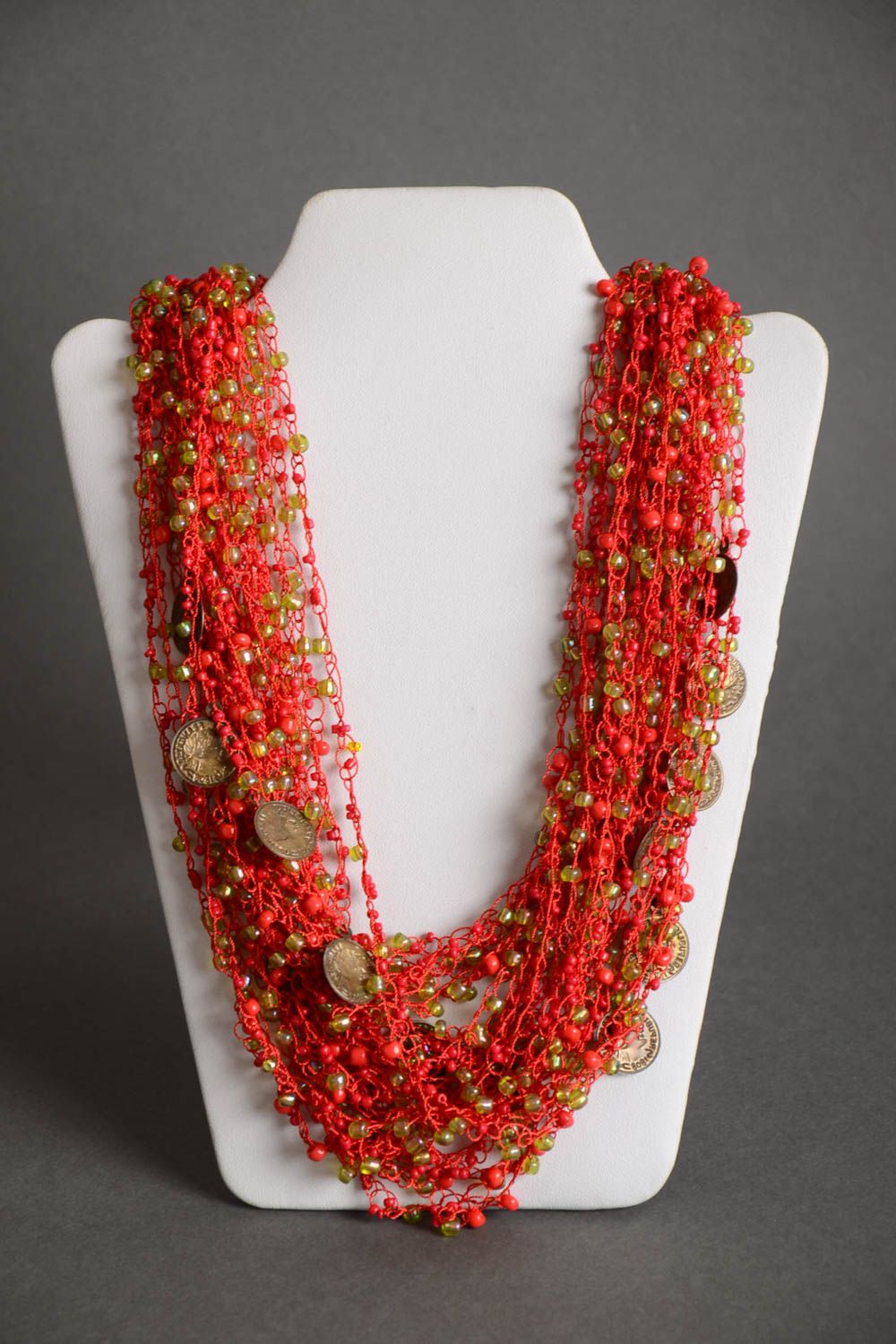Handmade bright airy crocheted beaded necklace of coral color with coins photo 2