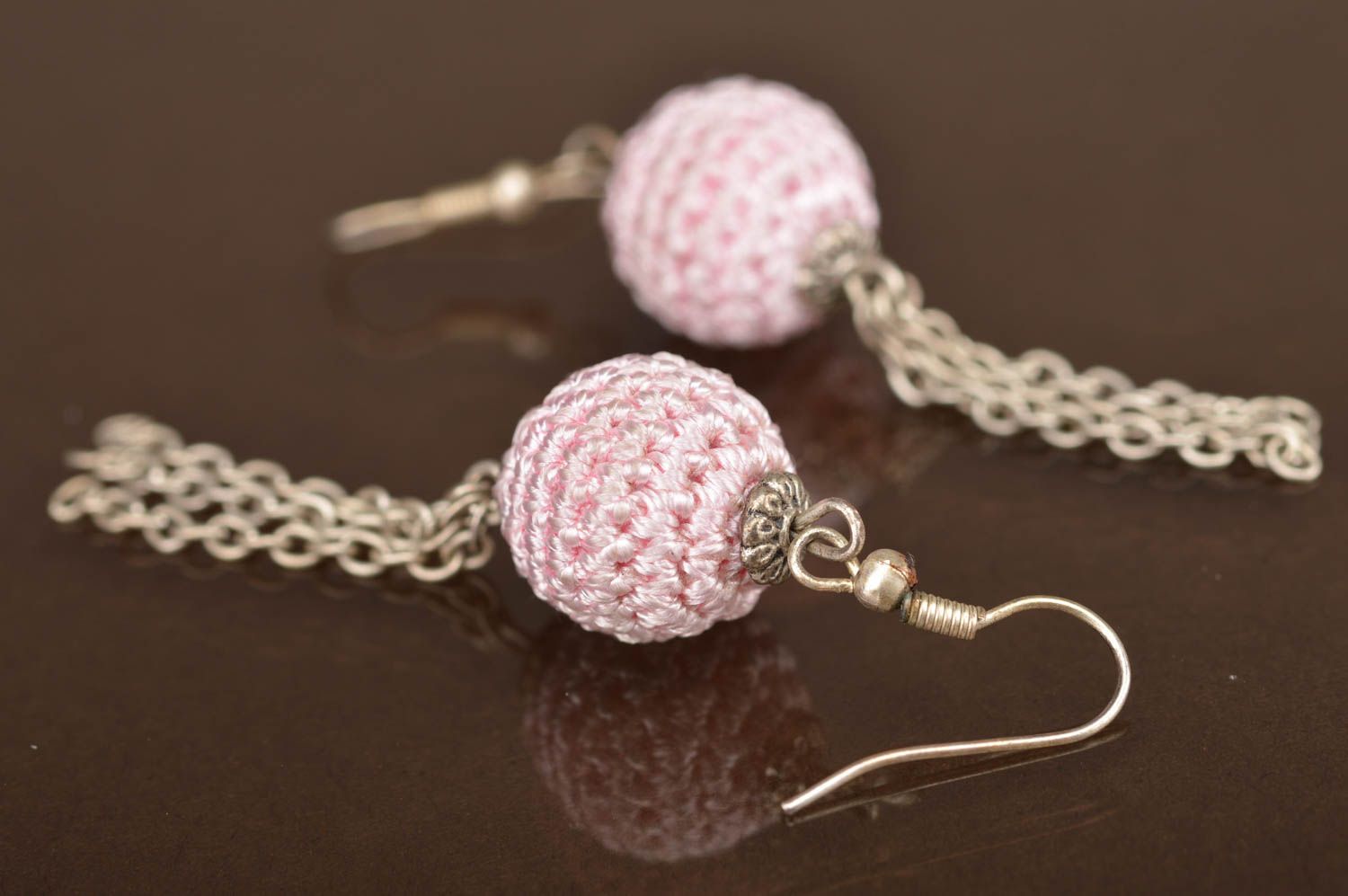 Handmade crocheted beaded earrings in pink color with charms and chains  photo 3