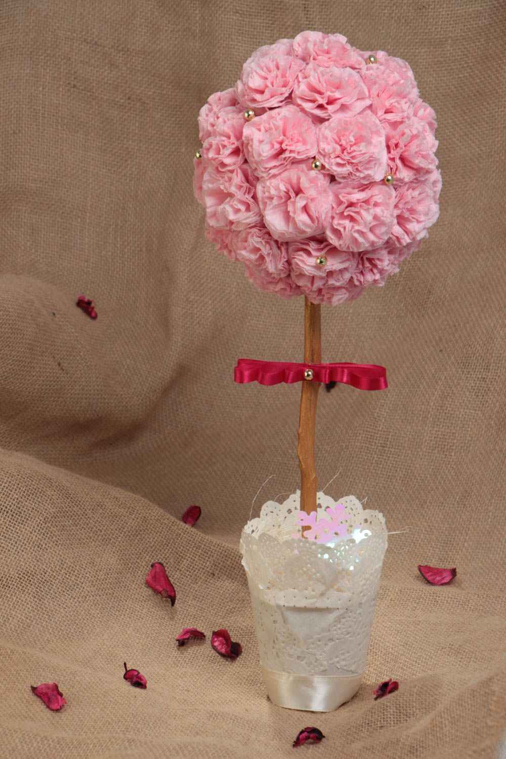 Handmade decorative tree topiary with napkins and satin ribbons in pink colors photo 1